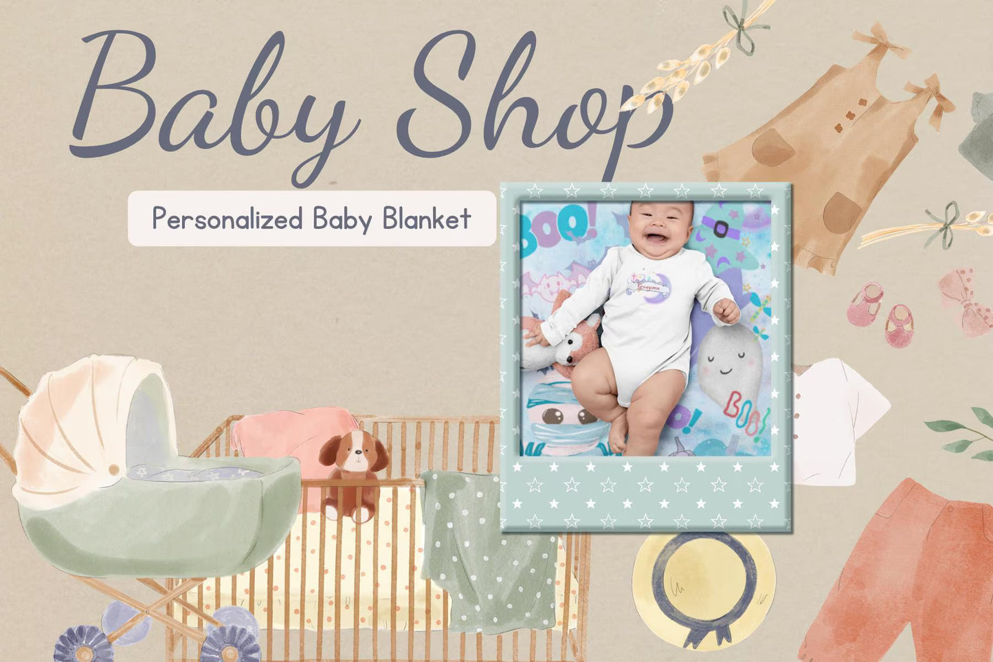 Personalized baby blanket with a child's photo on a baby shop background