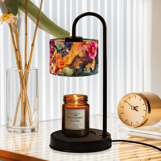 Table lamp with floral shade, candle, and clock on a surface.