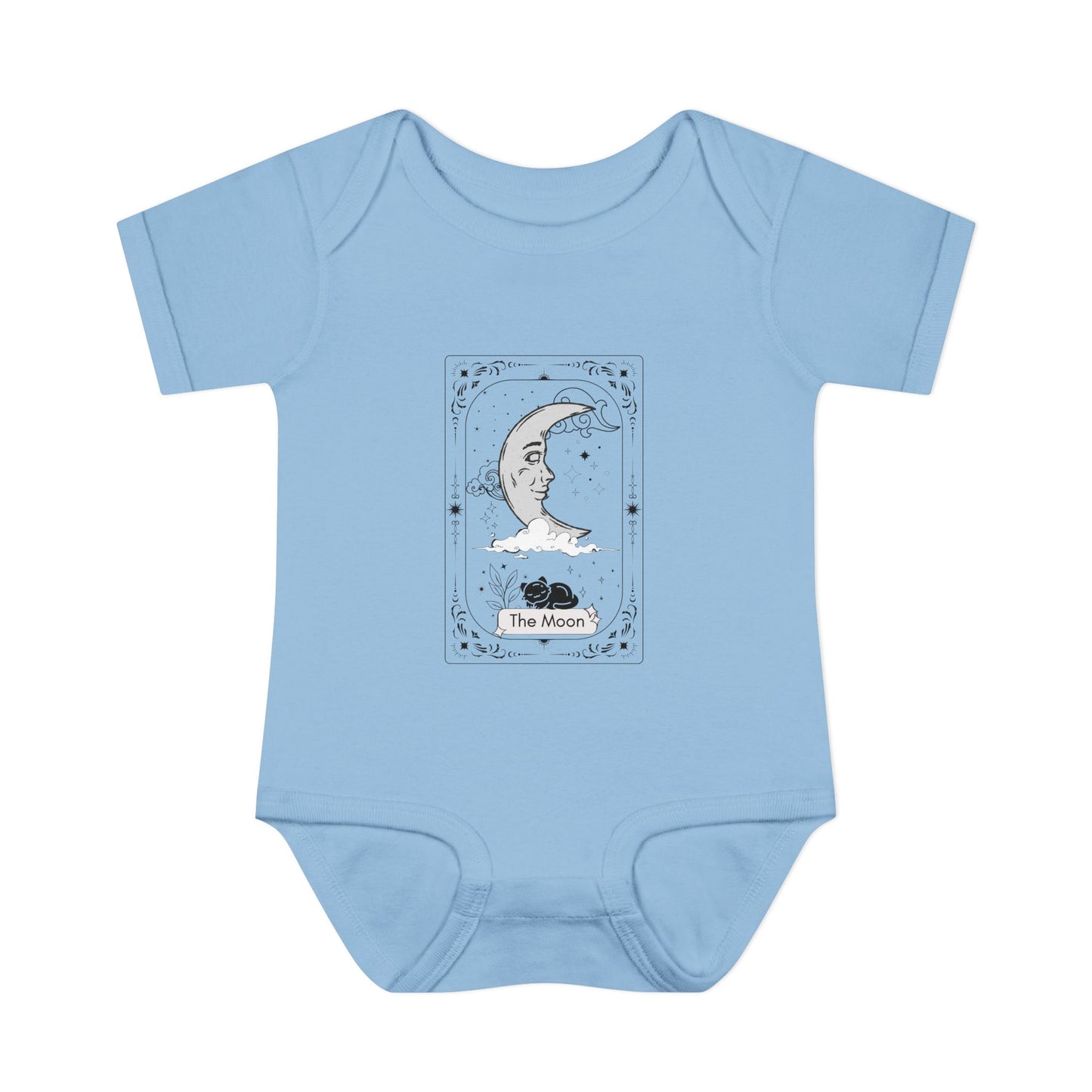 Light blue baby onesie with 'The Moon' tarot card design on a white background