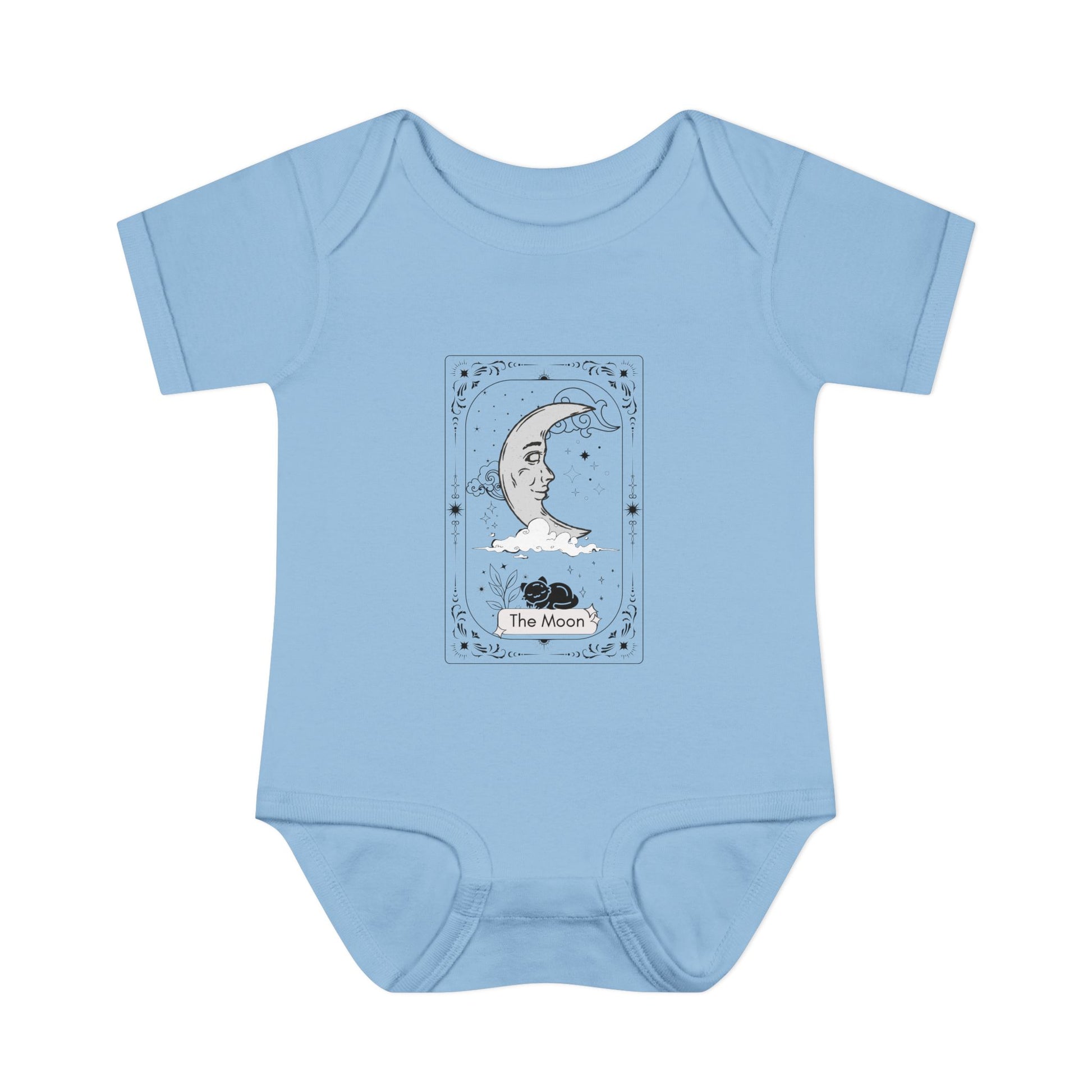 Light blue baby onesie with 'The Moon' tarot card design on a white background