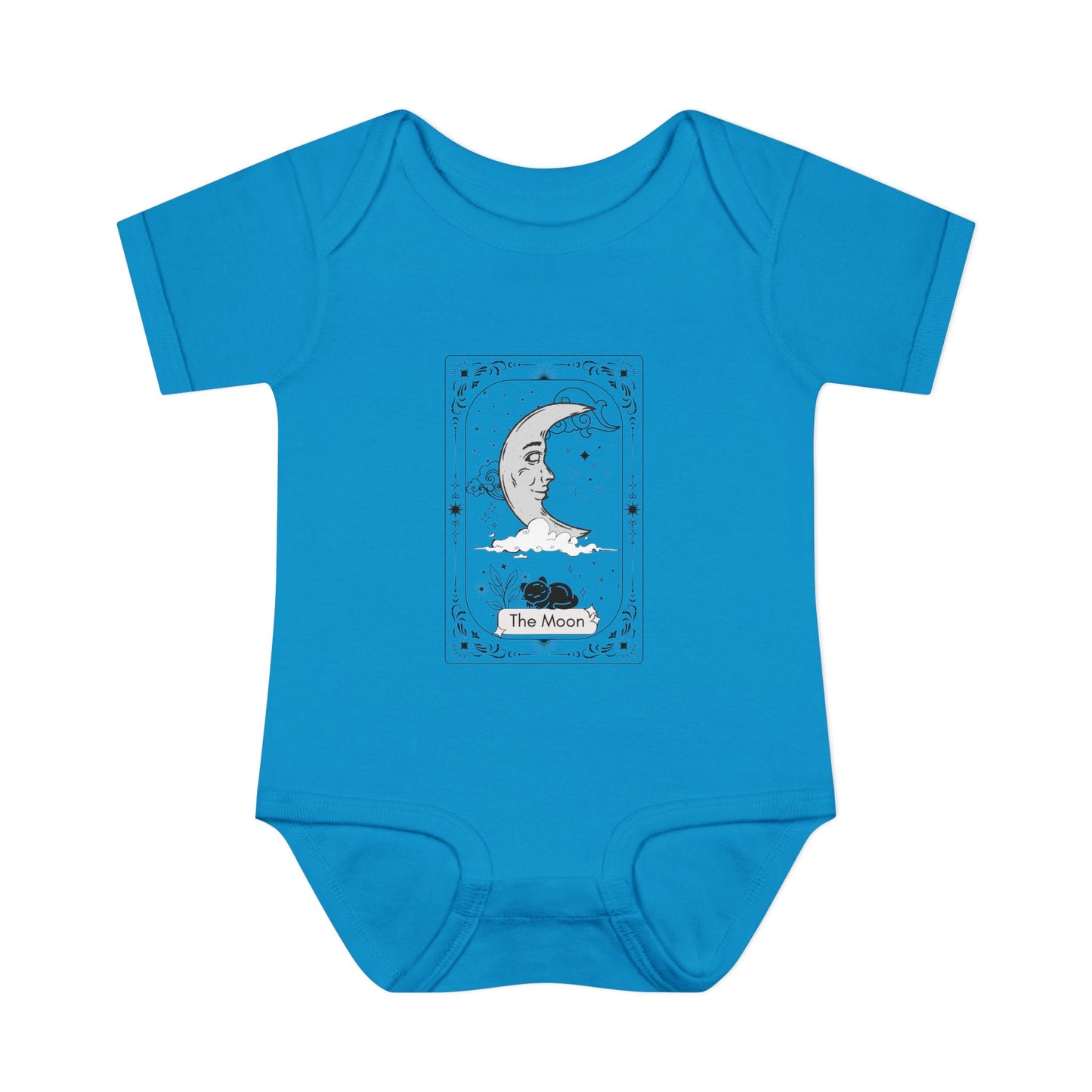 Blue baby onesie with a celestial design on a white background