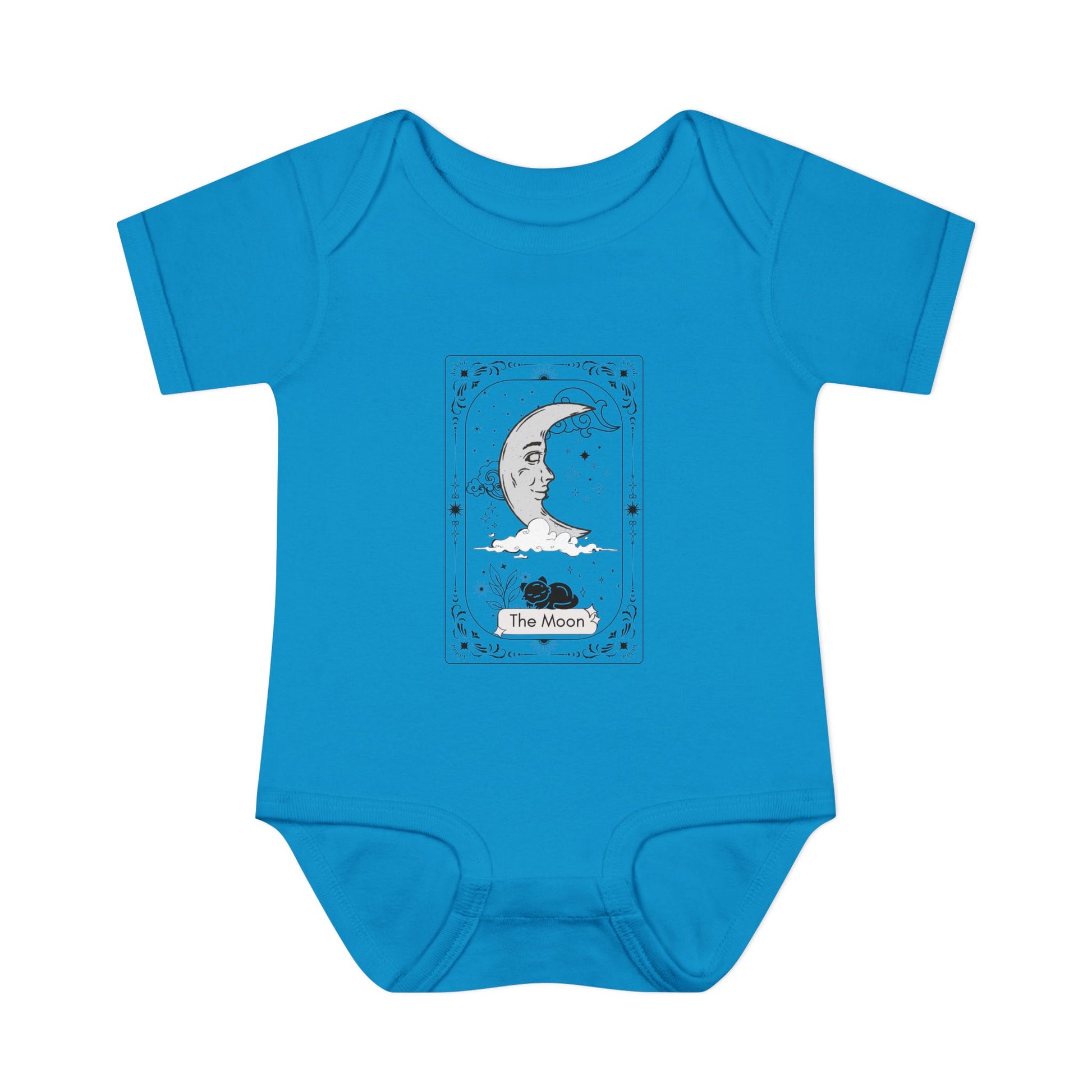 Blue baby onesie with a celestial design on a white background