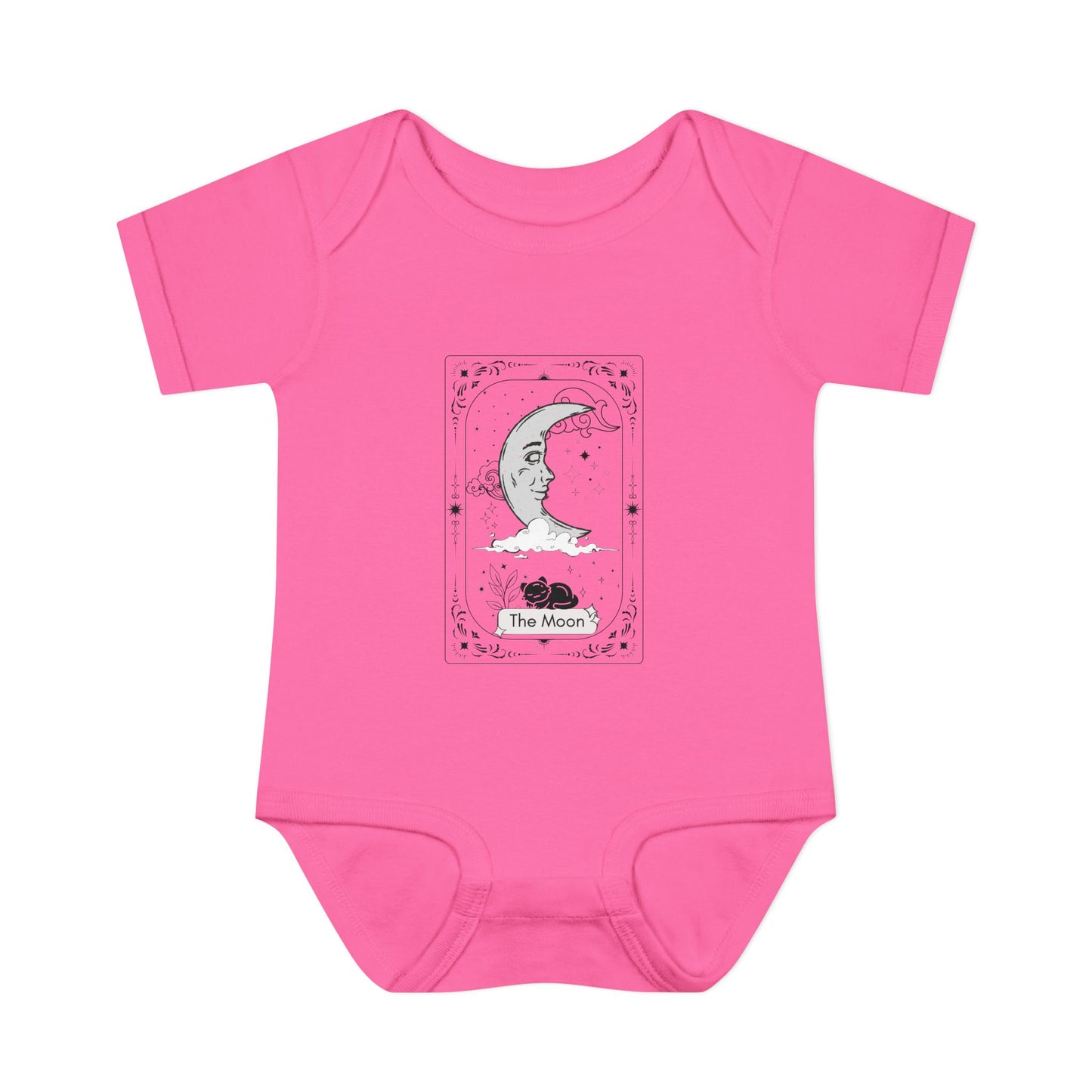 Pink baby onesie with 'The Moon' tarot card design on a white background