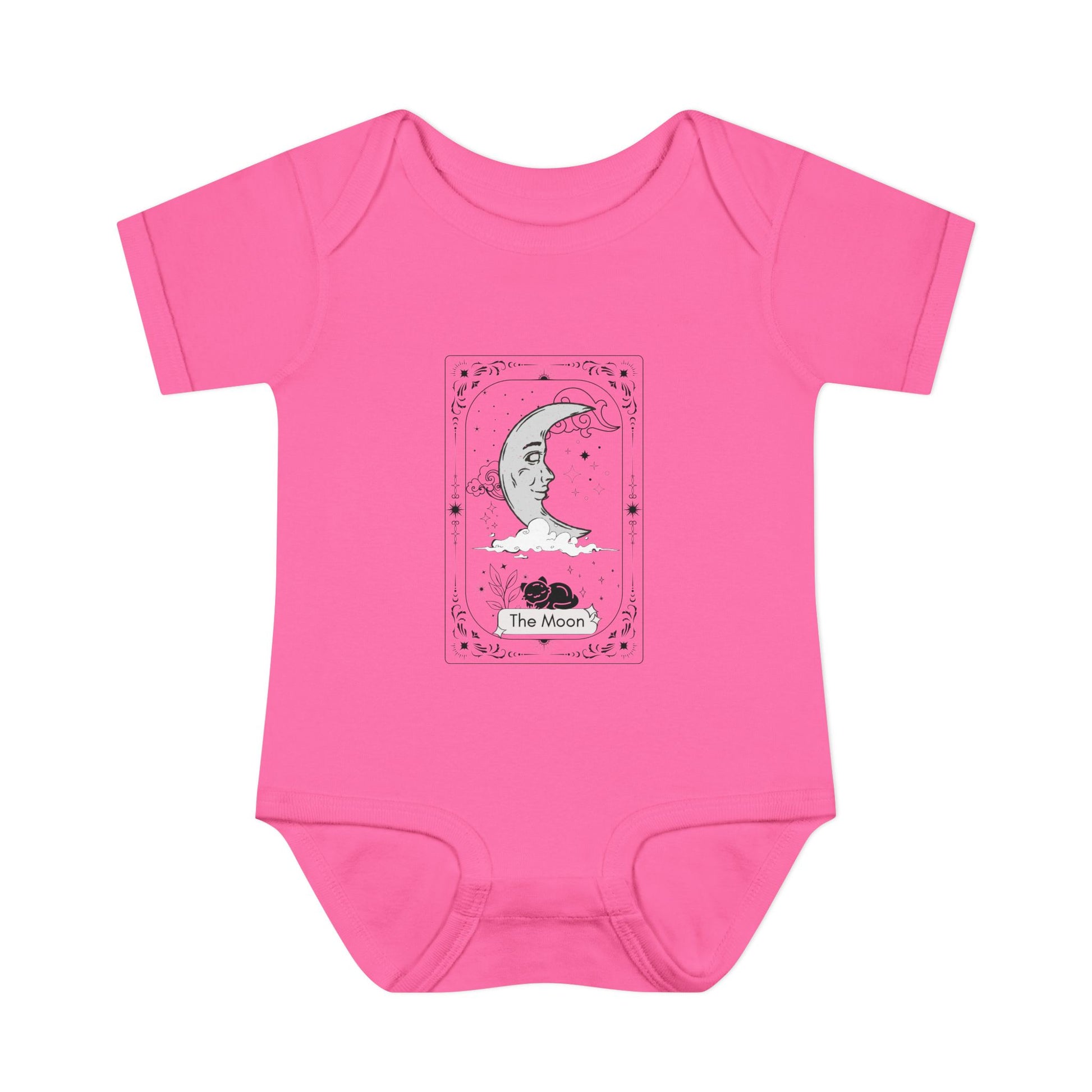 Pink baby onesie with 'The Moon' tarot card design on a white background
