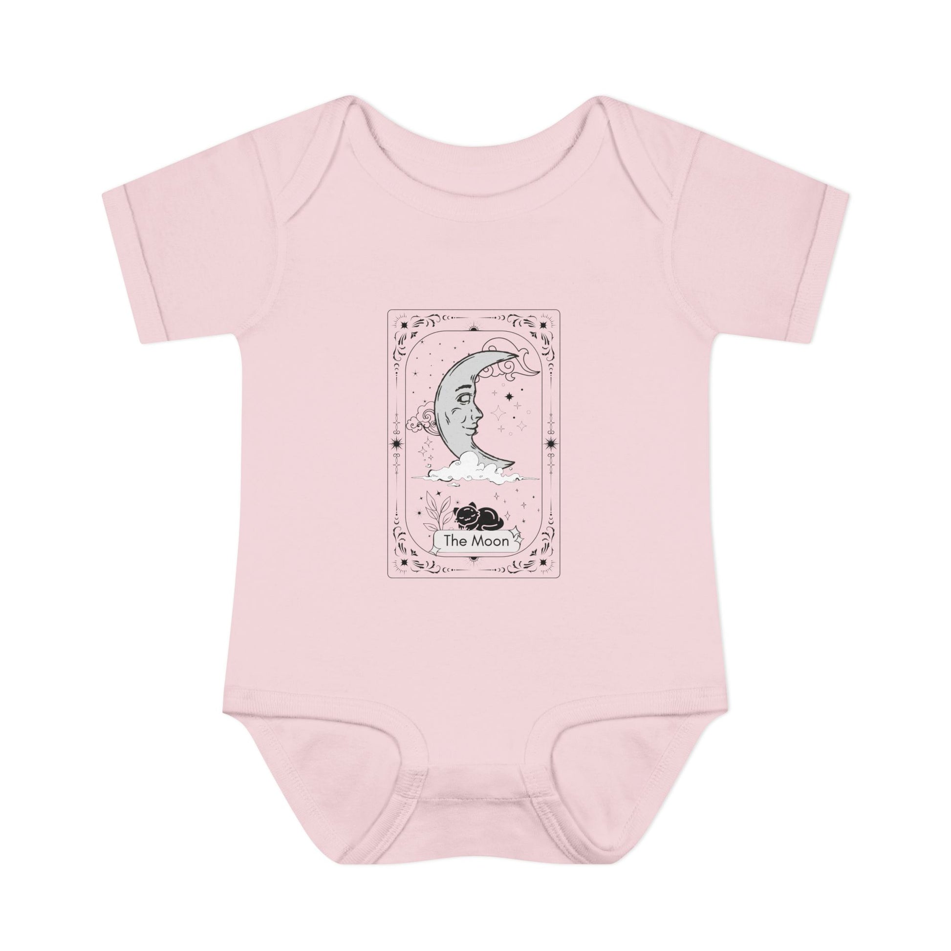 Pink baby onesie with 'The Moon' tarot card design on a white background