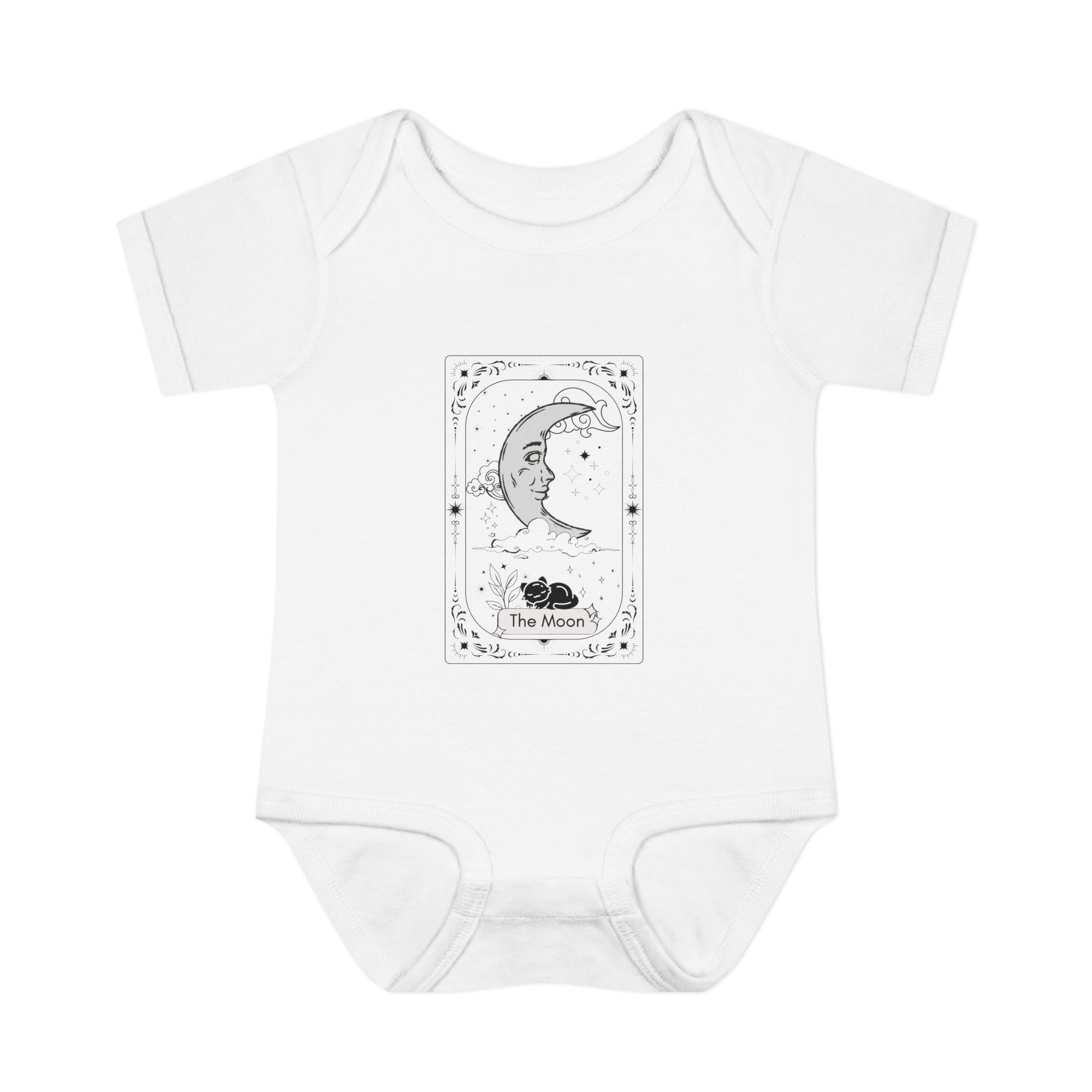 White baby onesie with 'The Moon' tarot card design on a white background