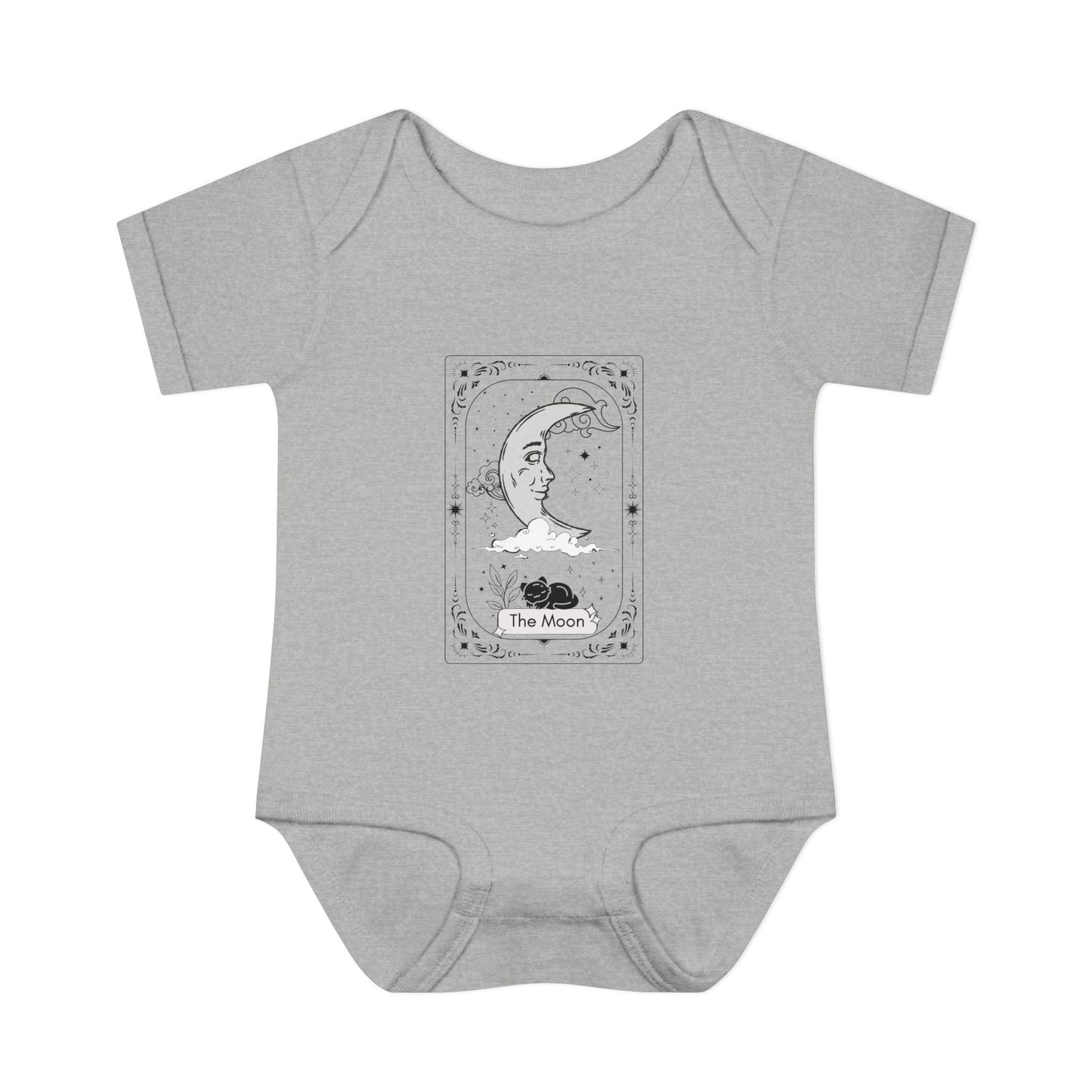 Gray baby onesie with 'The Moon' tarot card design on a white background