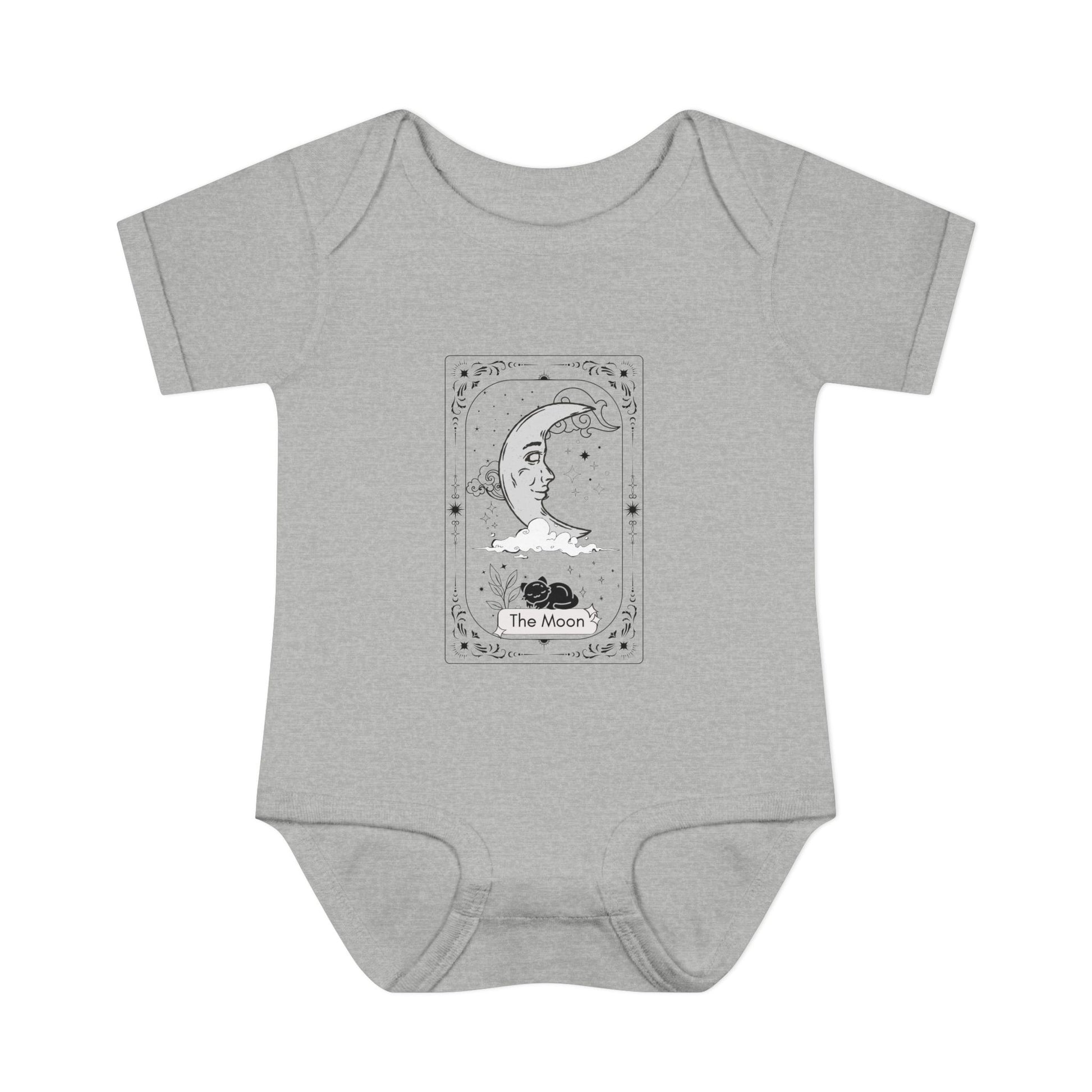 Gray baby onesie with 'The Moon' tarot card design on a white background