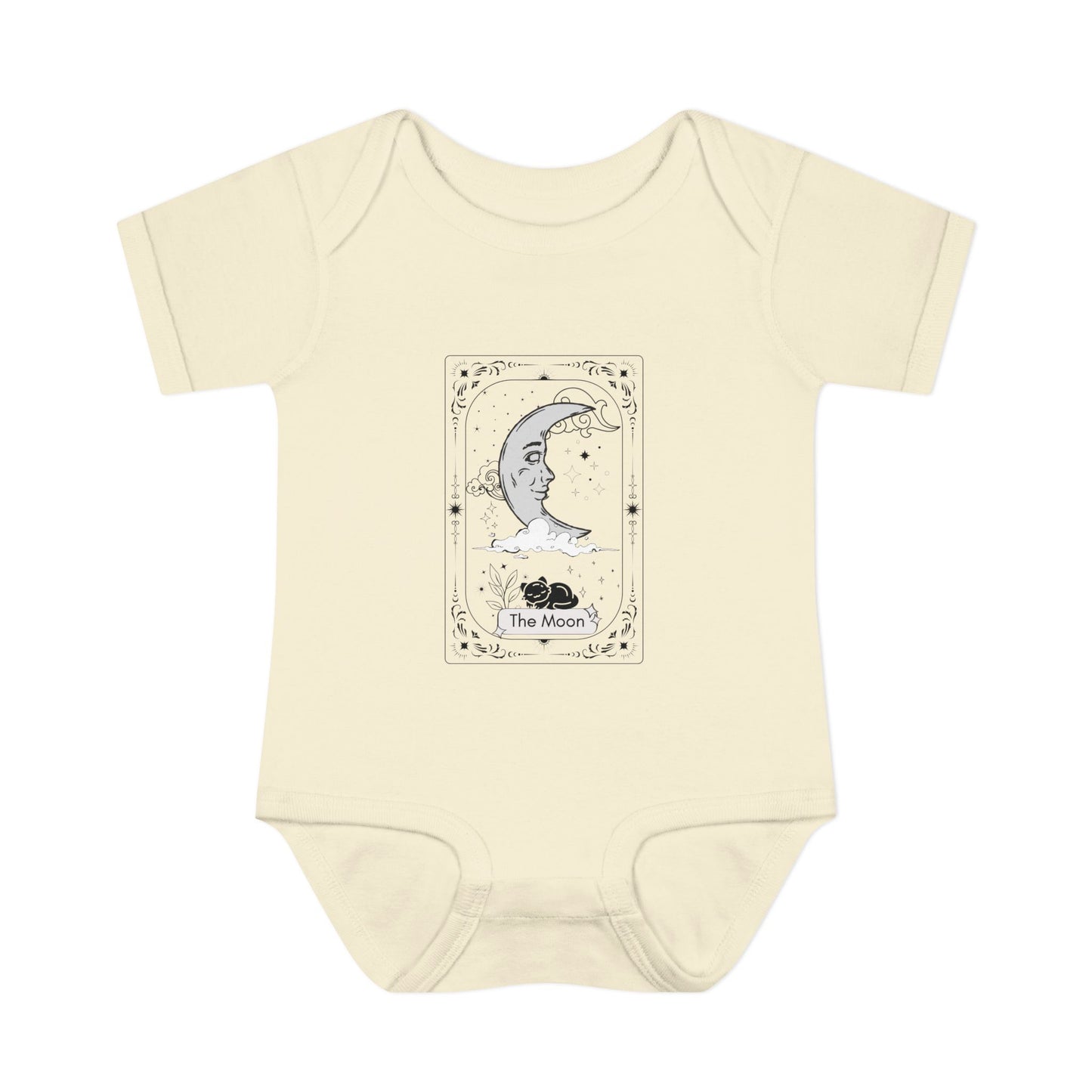 Beige baby onesie with a graphic design on a white background