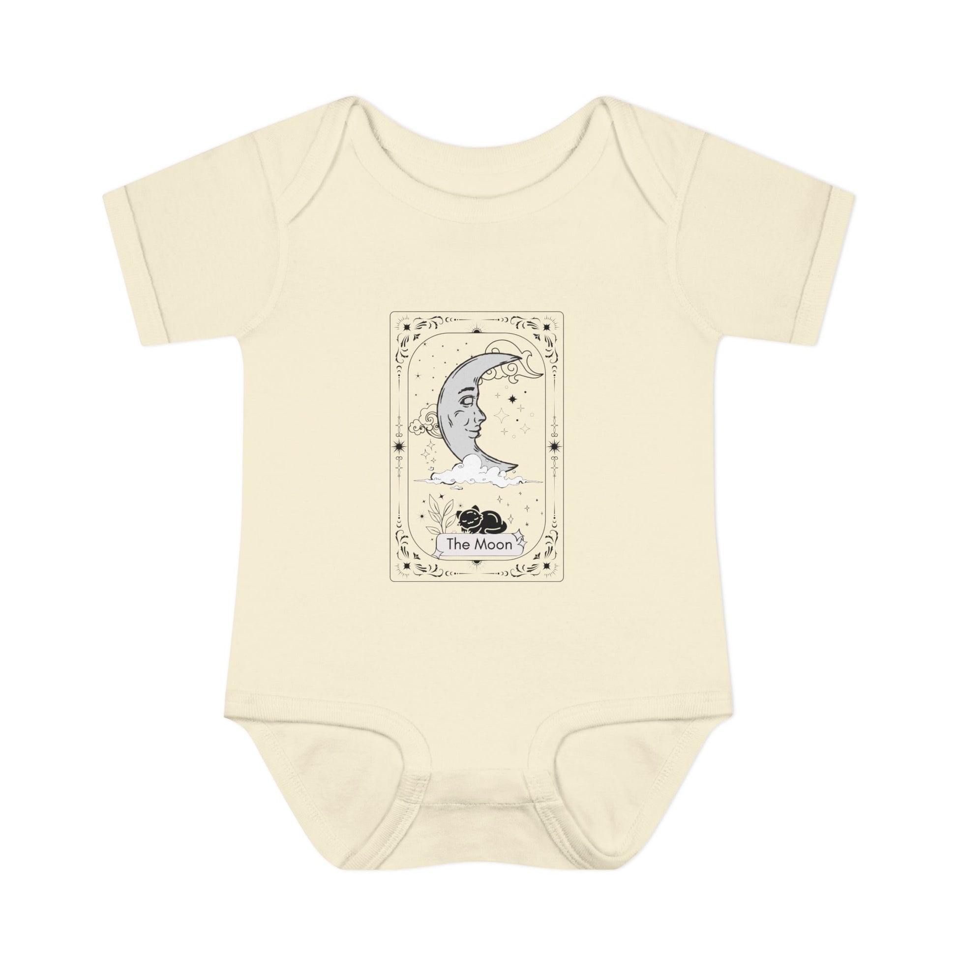 Beige baby onesie with a graphic design on a white background