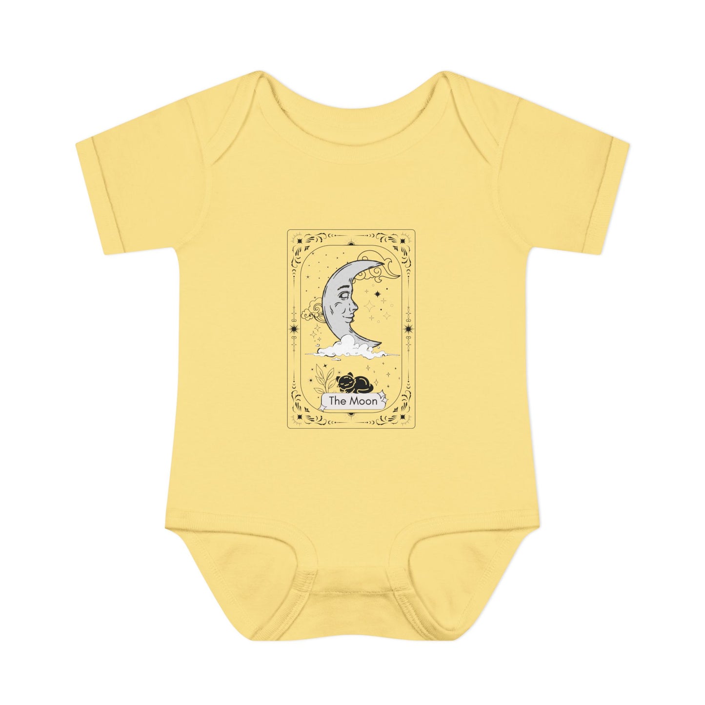 Yellow baby onesie with a tarot card design featuring a moon and black cat on a white background.