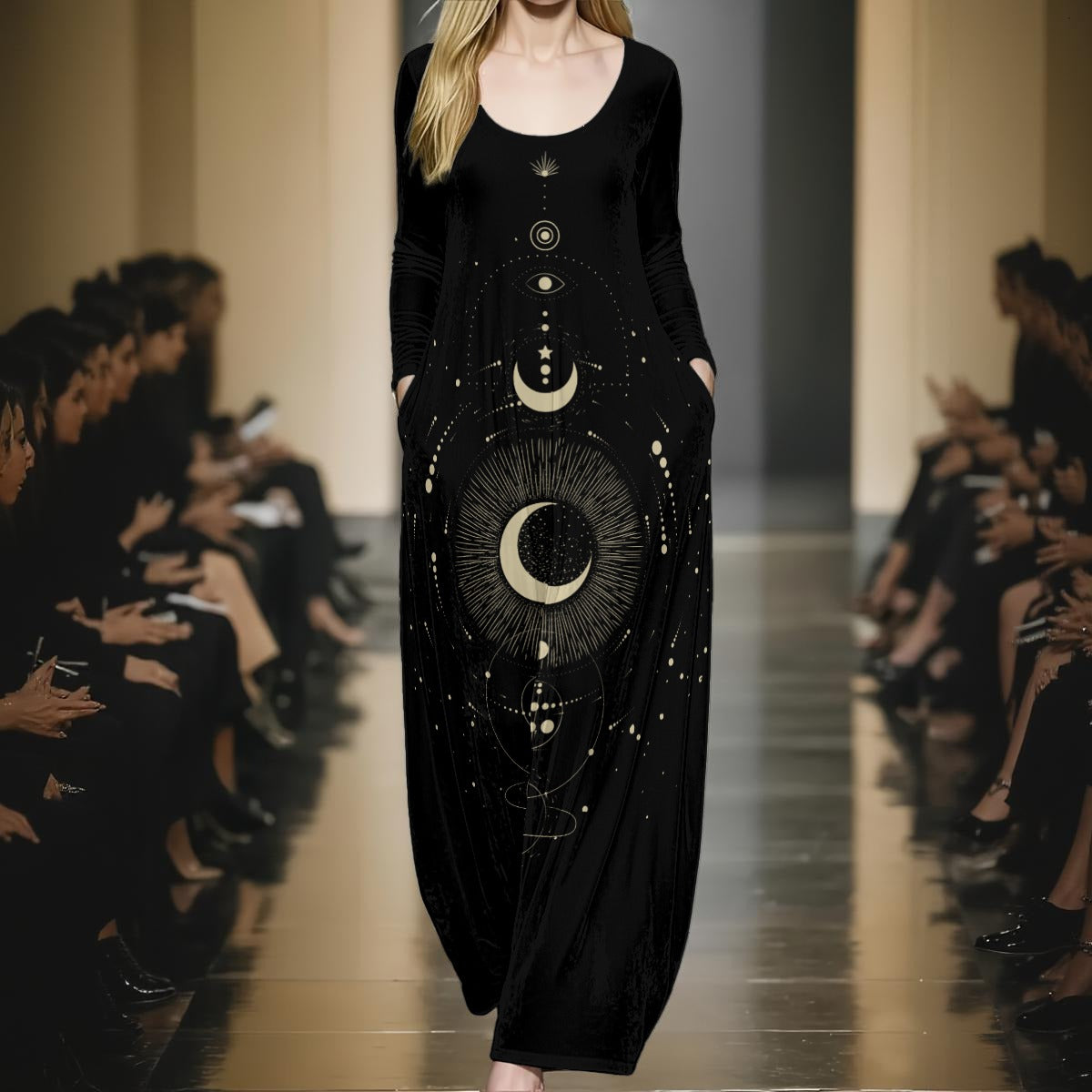 Model wearing a black dress with celestial design on a runway.