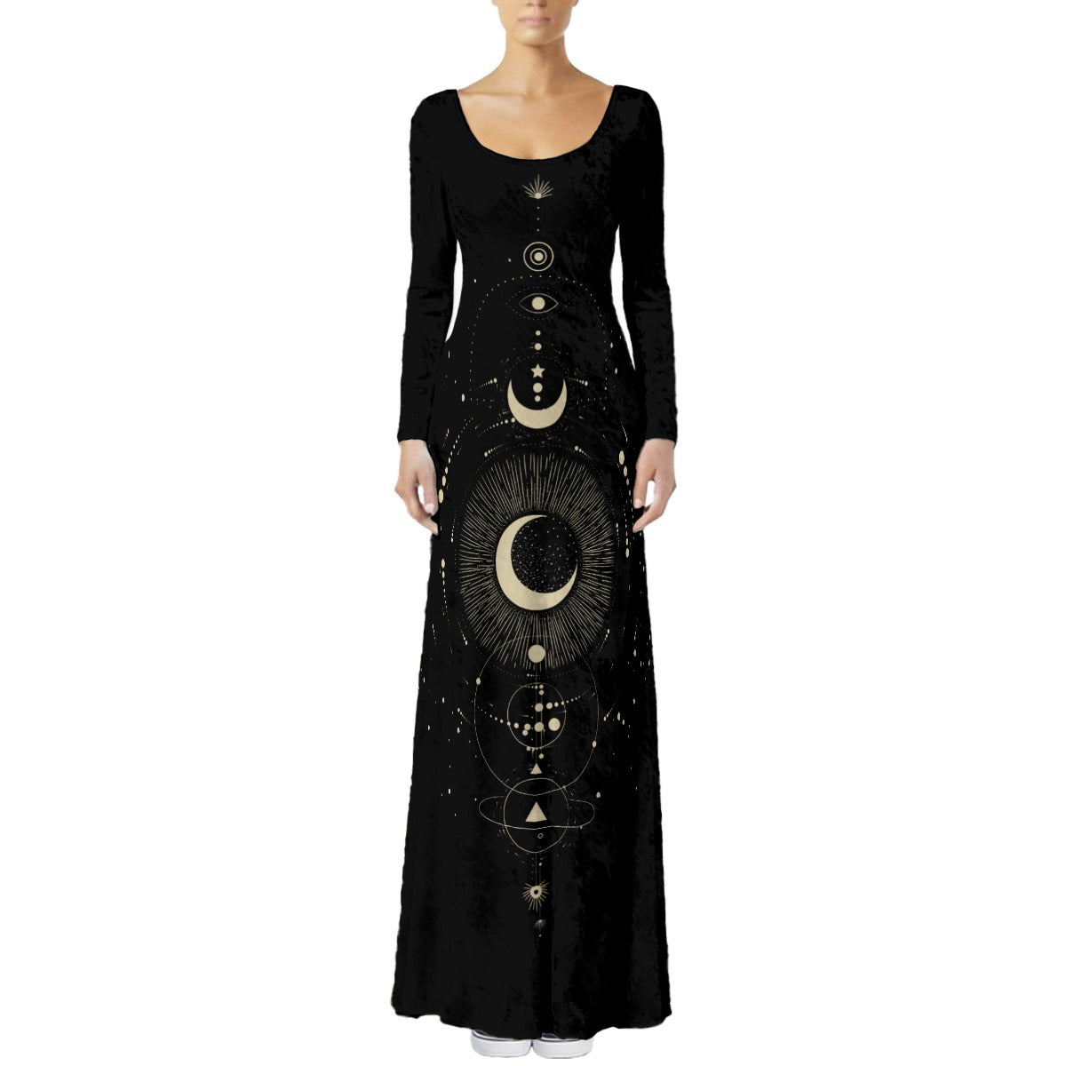 Black long-sleeve dress with celestial design on a white background