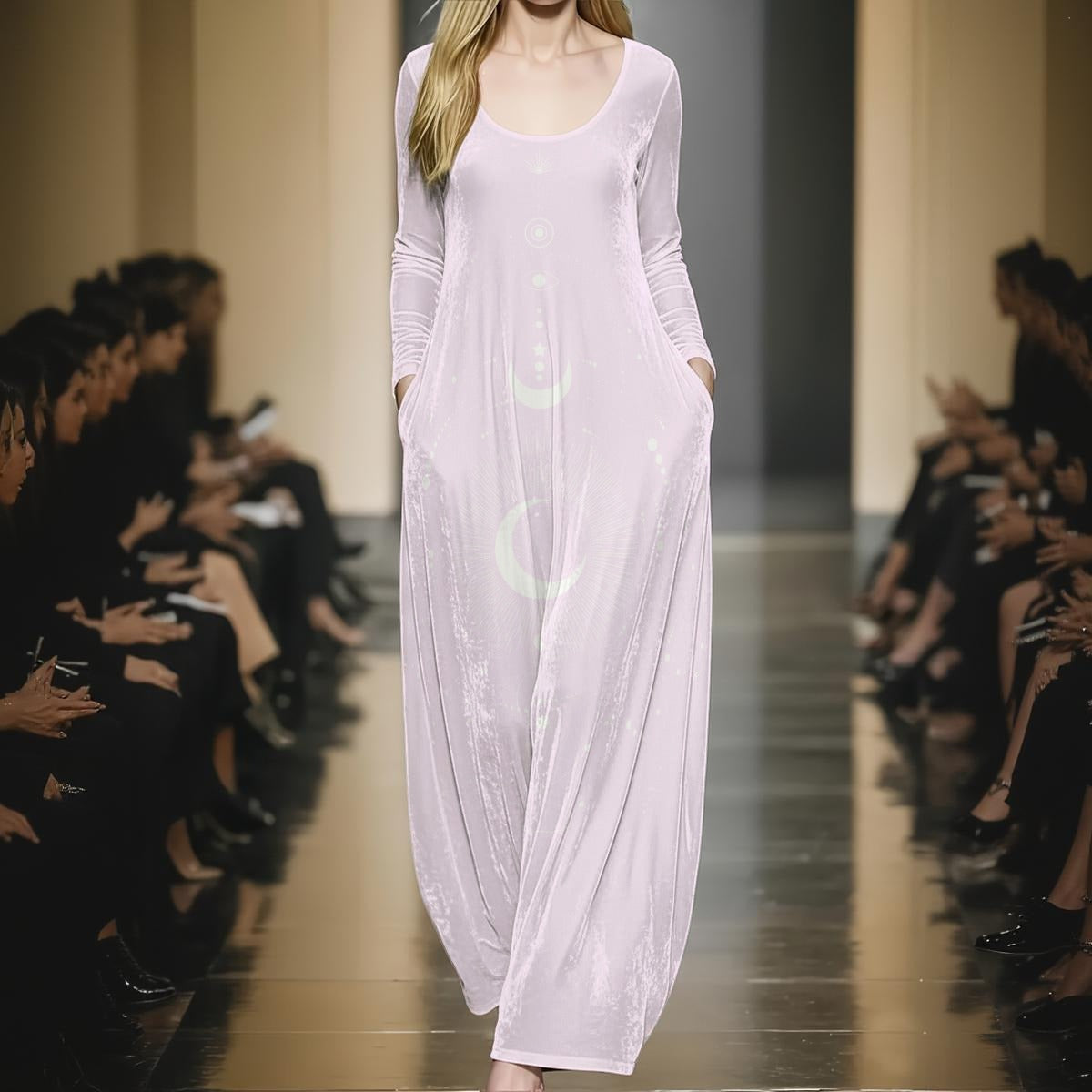 Model wearing a long light pink dress on a runway with an audience.
