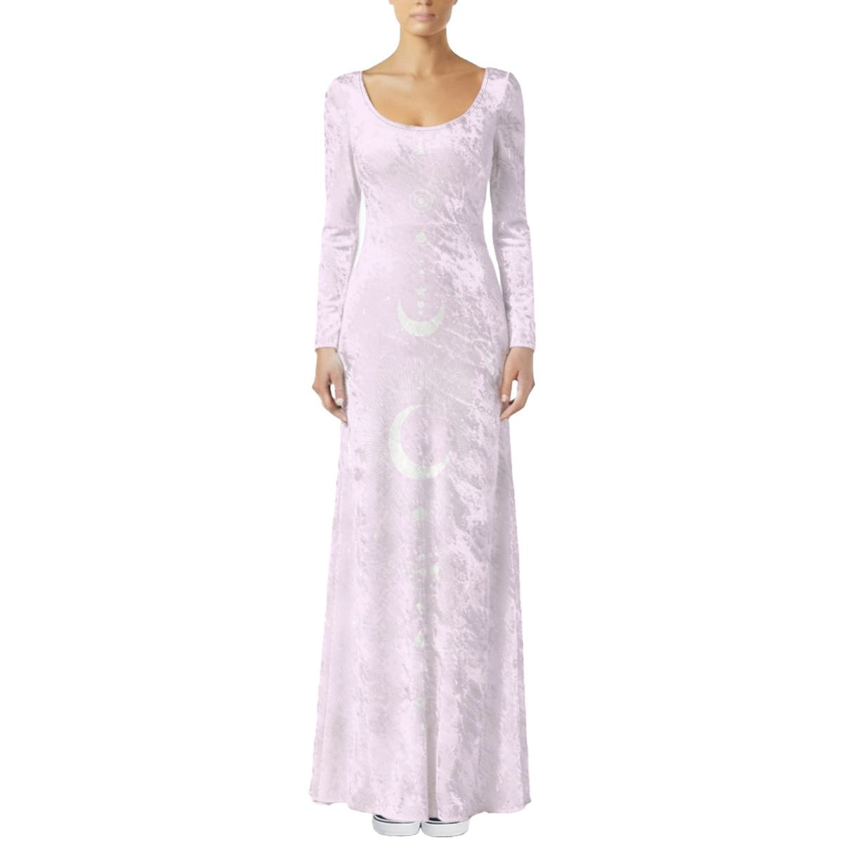 Woman wearing a long light pink dress with a subtle pattern on a white background