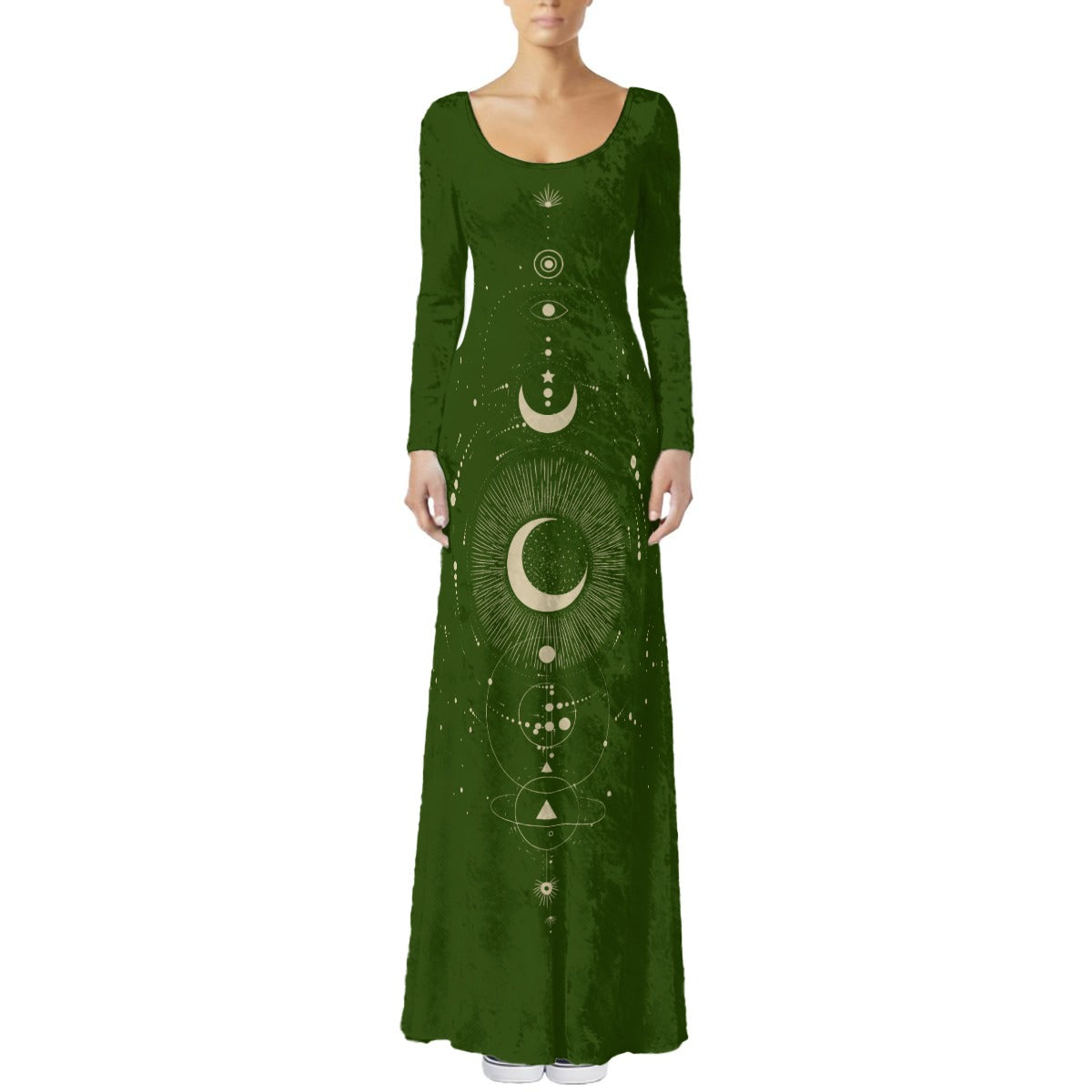 Green dress with celestial design on a white background
