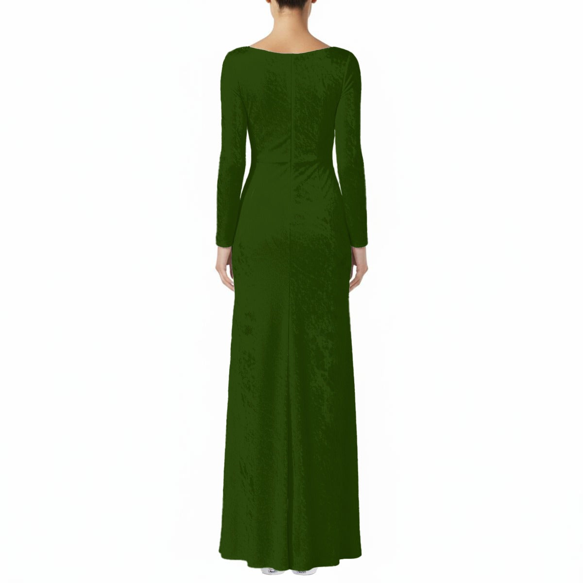 Green evening gown with long sleeves on a white background