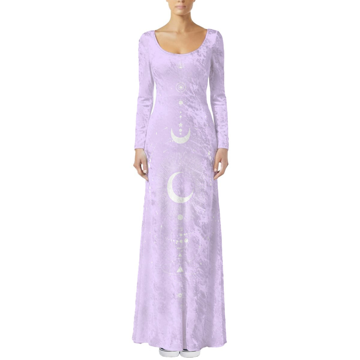 Lavender long-sleeve dress with moon phase design on a white background