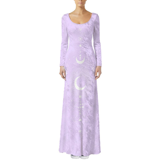 Lavender long-sleeve dress with moon phase design on a white background