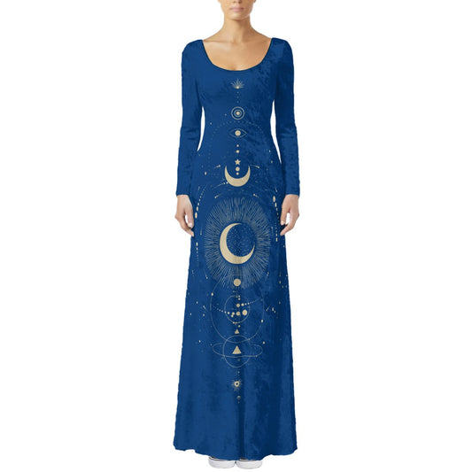 Blue dress with celestial design on a white background