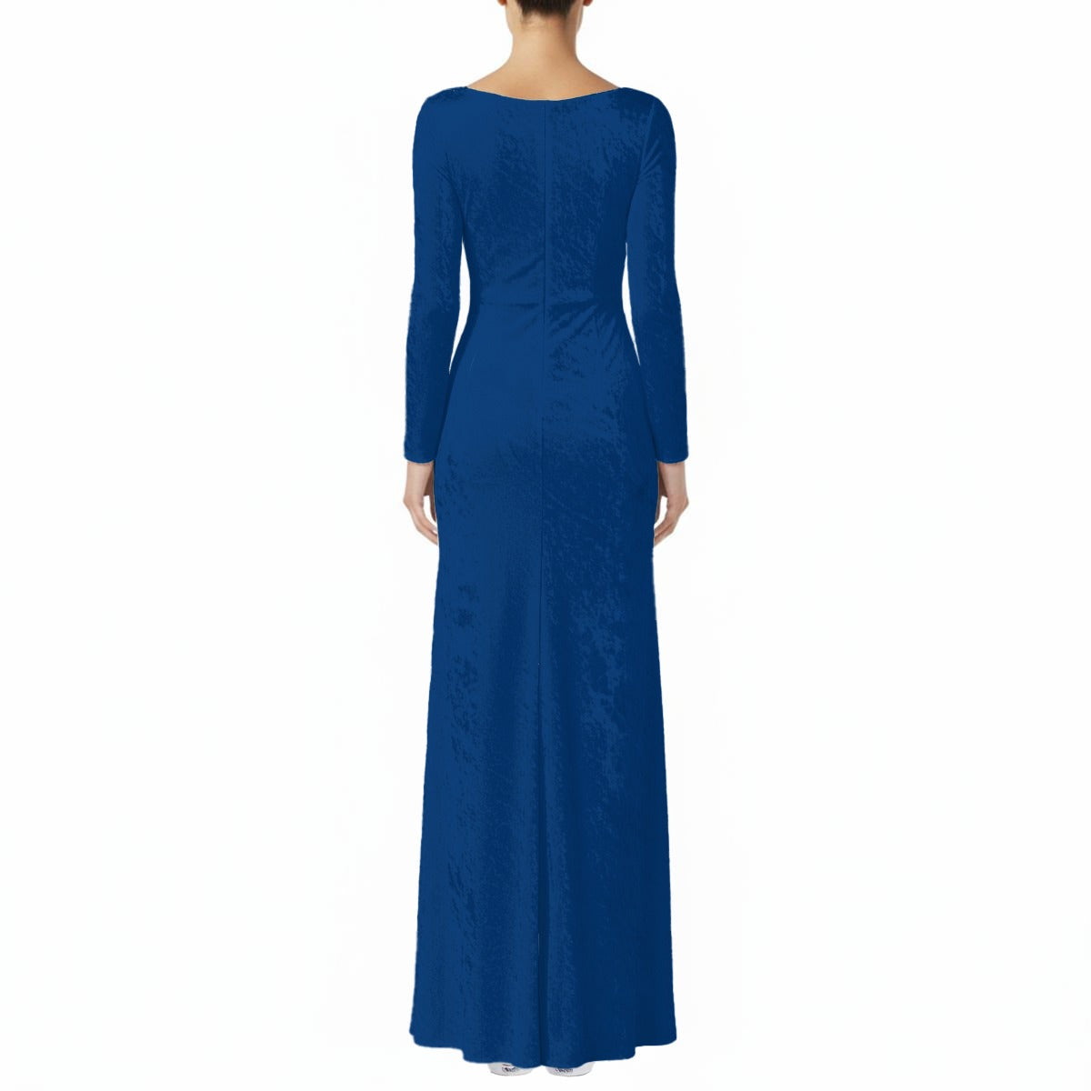 Blue evening gown with long sleeves on a white background