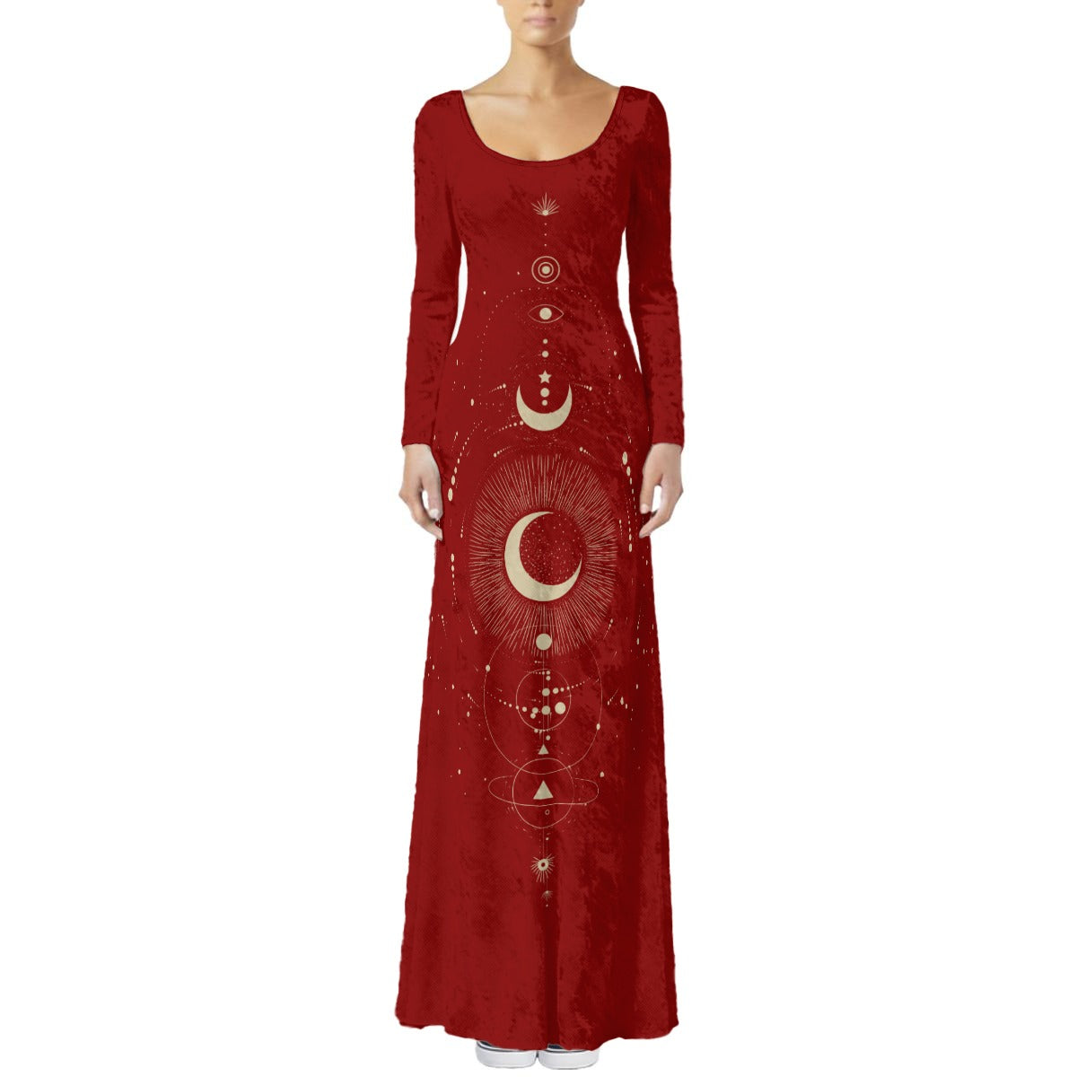 Red dress with celestial design on a white background