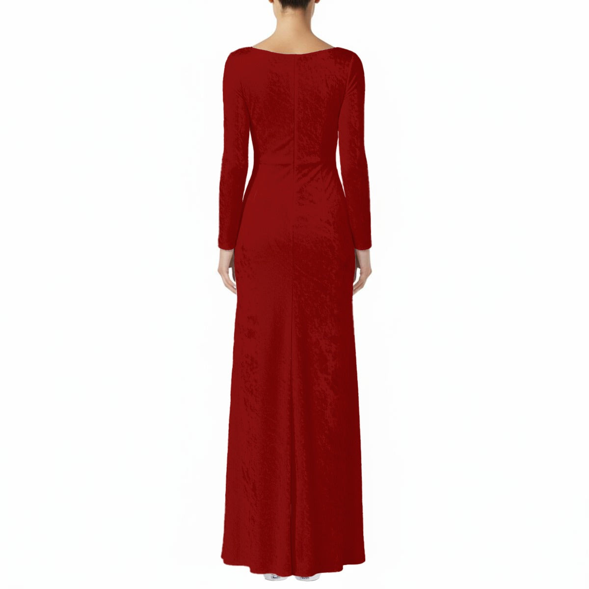 Red evening gown with long sleeves on a white background