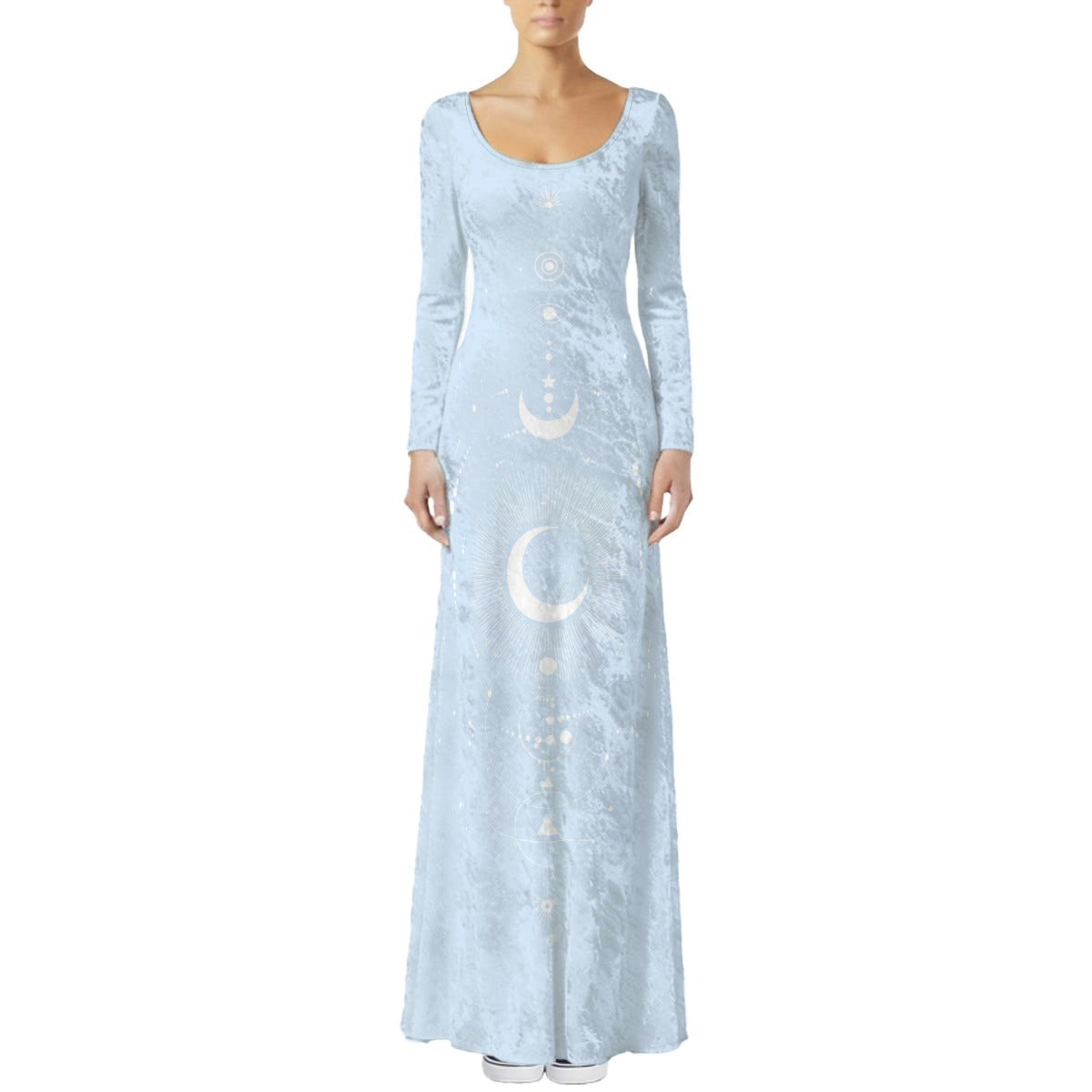 Light blue long-sleeve dress with moon and star patterns on a white background