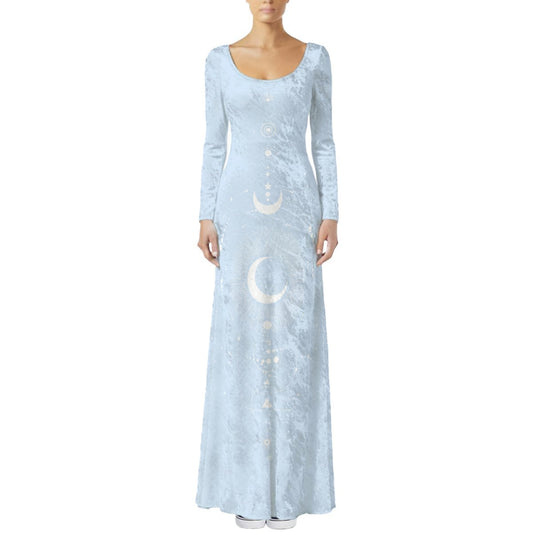 Light blue long-sleeve dress with moon and star patterns on a white background