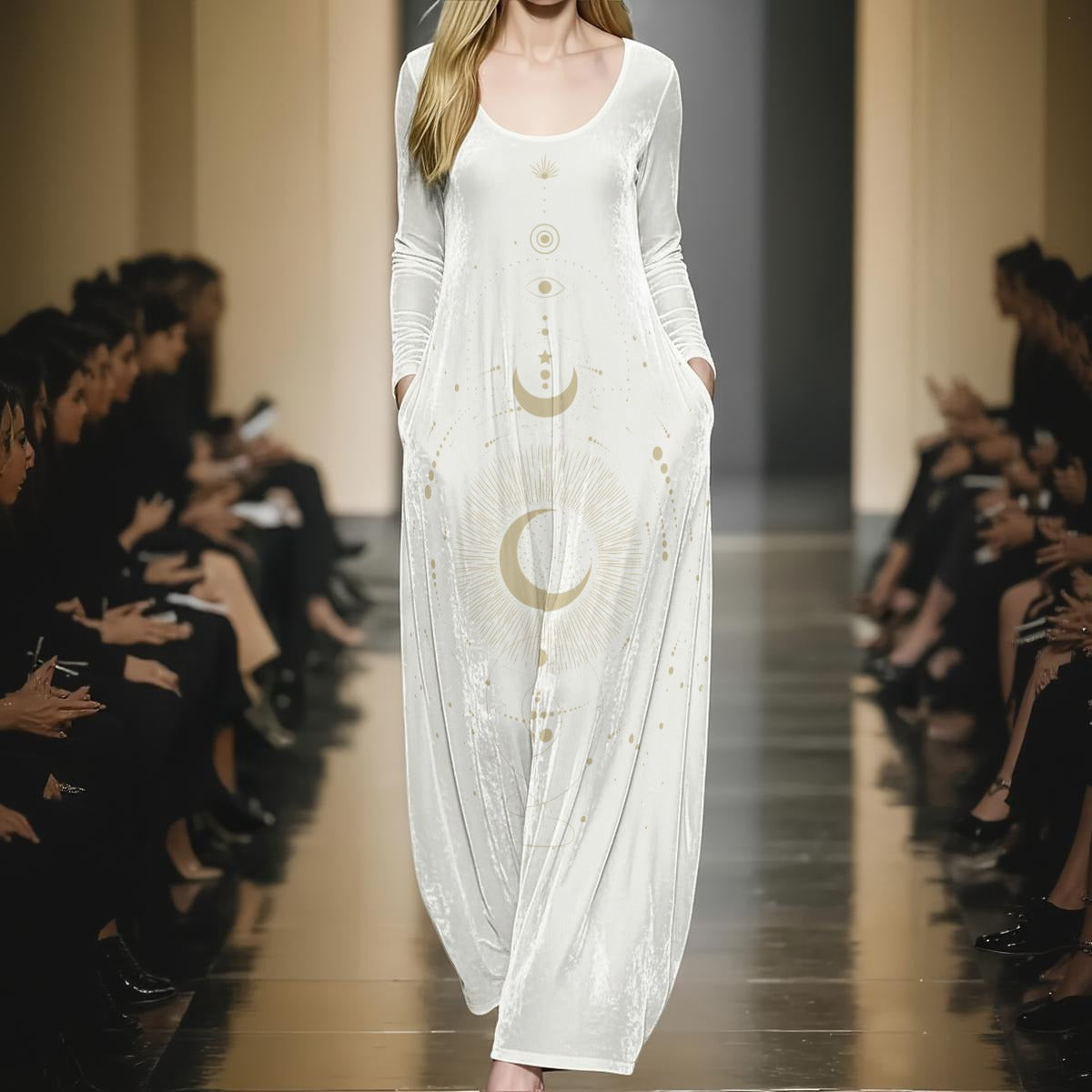 Model wearing a white dress with gold patterns on a runway