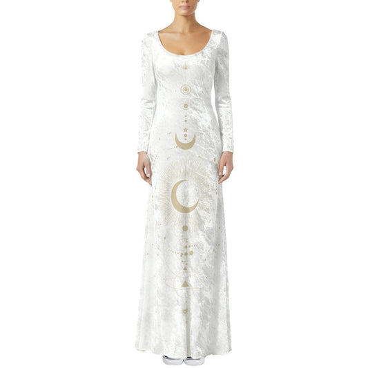 White dress with gold moon and star designs on a white background