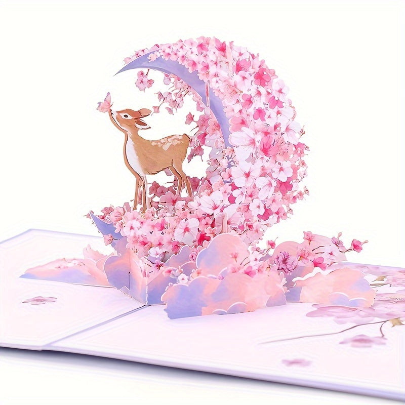 Cherry Blossom With Deer Pop Up Card,  Happy Birthday Greeting Card With Small Note Card And Envelope