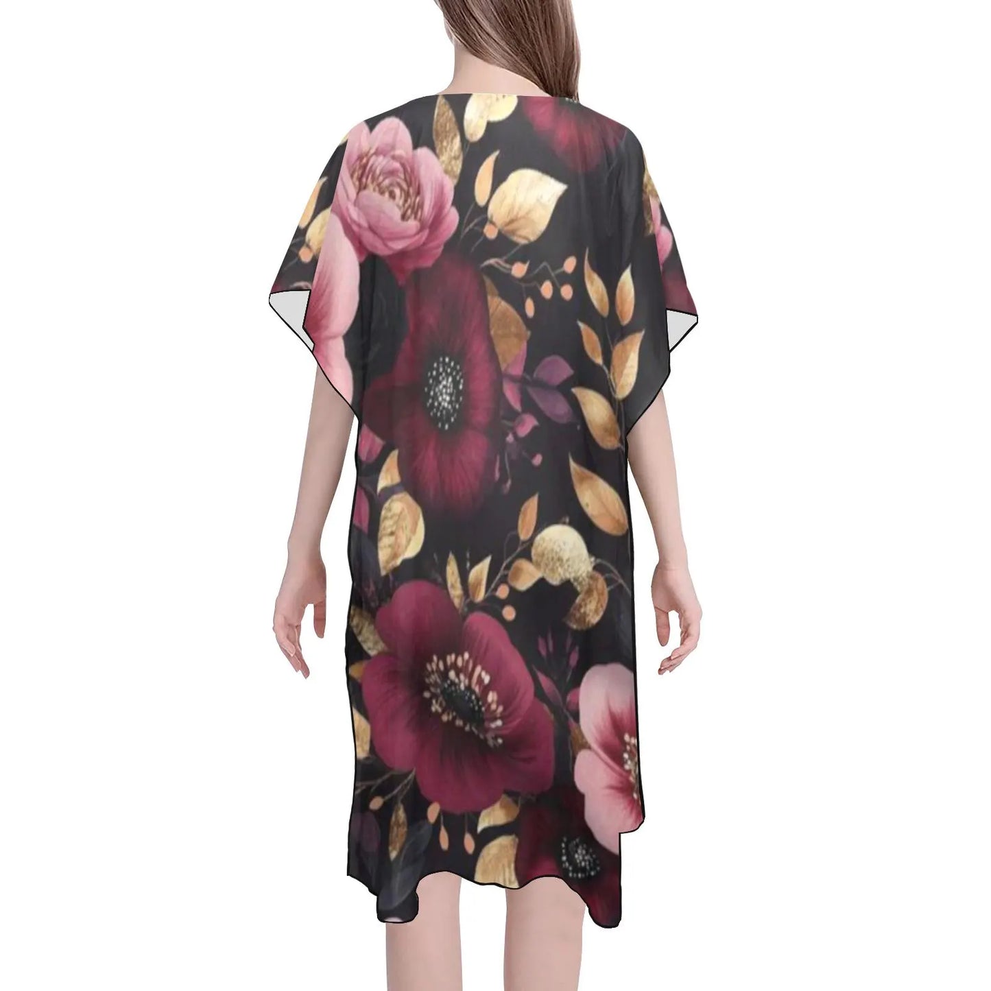 Floral dress with pink and red flowers on a black background
