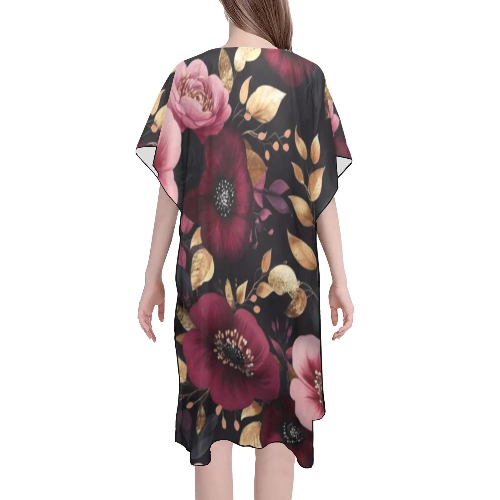 Floral dress with pink and red flowers on a black background