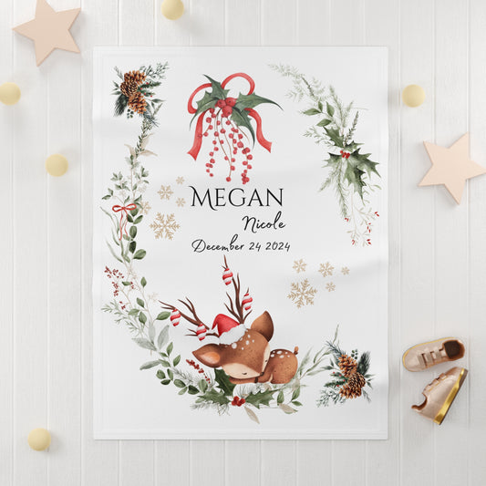 Christmas-themed personalized print with deer and wreath design on a white background