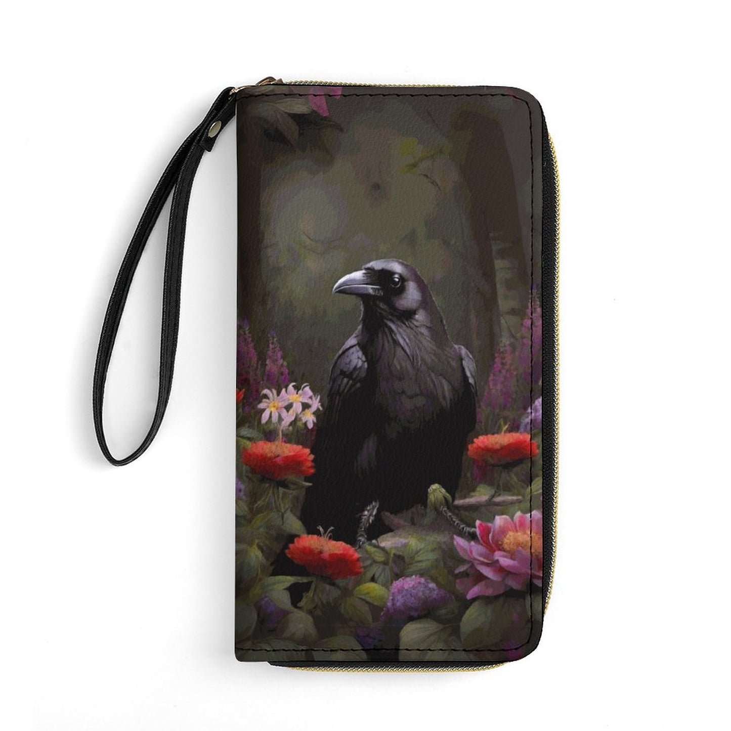 Cottagecore Crow Leather Wallet with Wristlet Strap