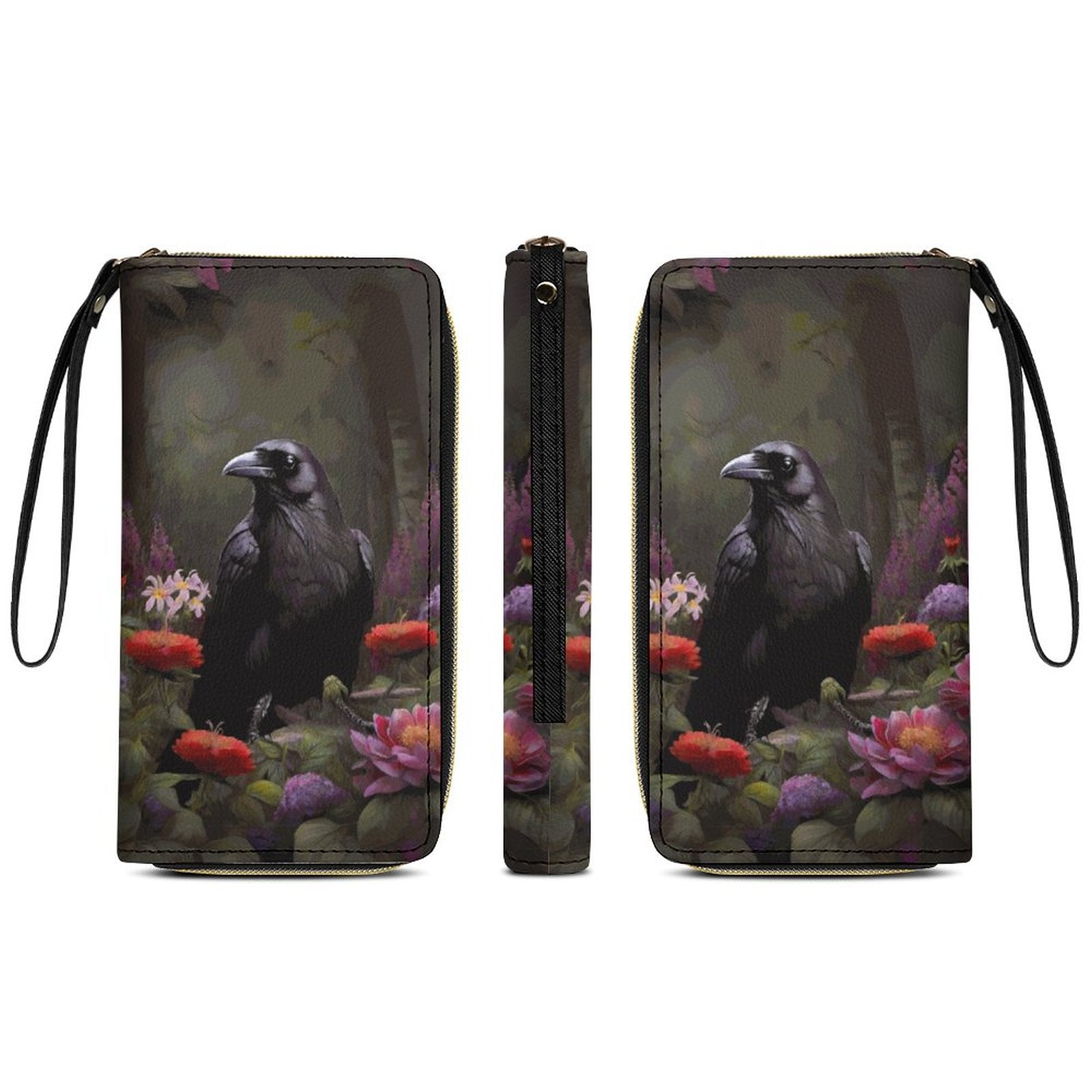 Cottagecore Crow Leather Wallet with Wristlet Strap