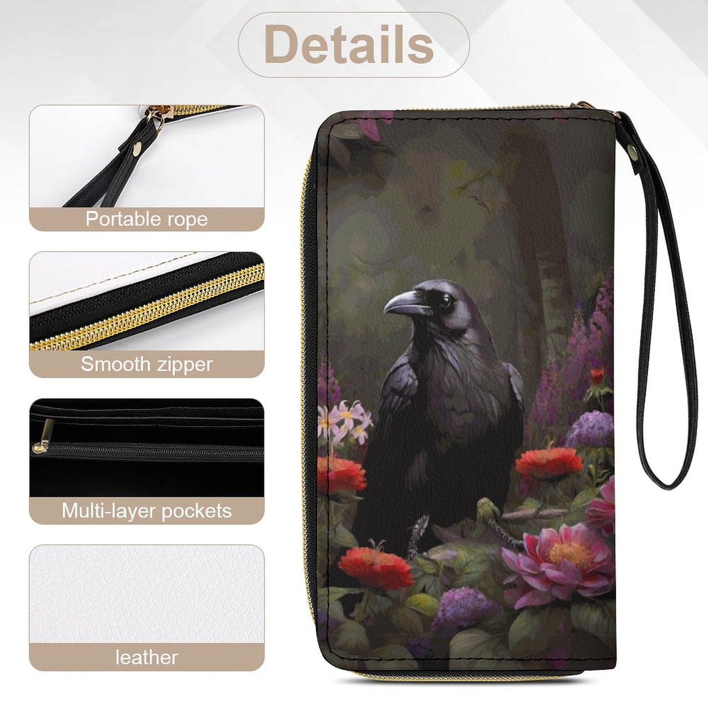 Cottagecore Crow Leather Wallet with Wristlet Strap
