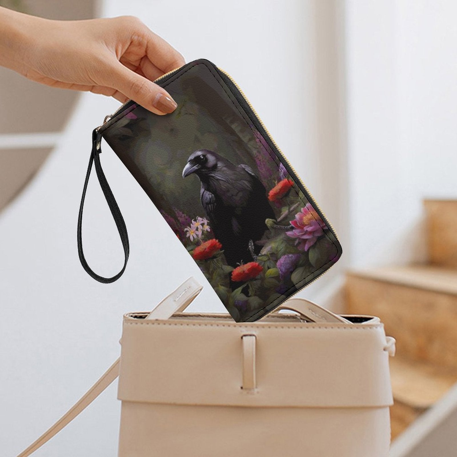 Cottagecore Crow Leather Wallet with Wristlet Strap
