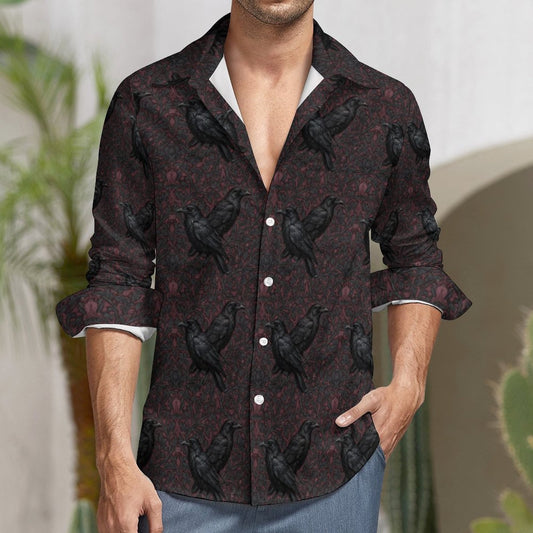 Man wearing a dark patterned shirt with black birds in an outdoor setting