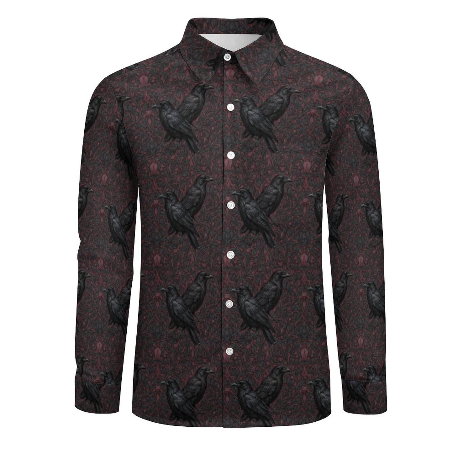 Long-sleeve shirt with black crow pattern on a white background