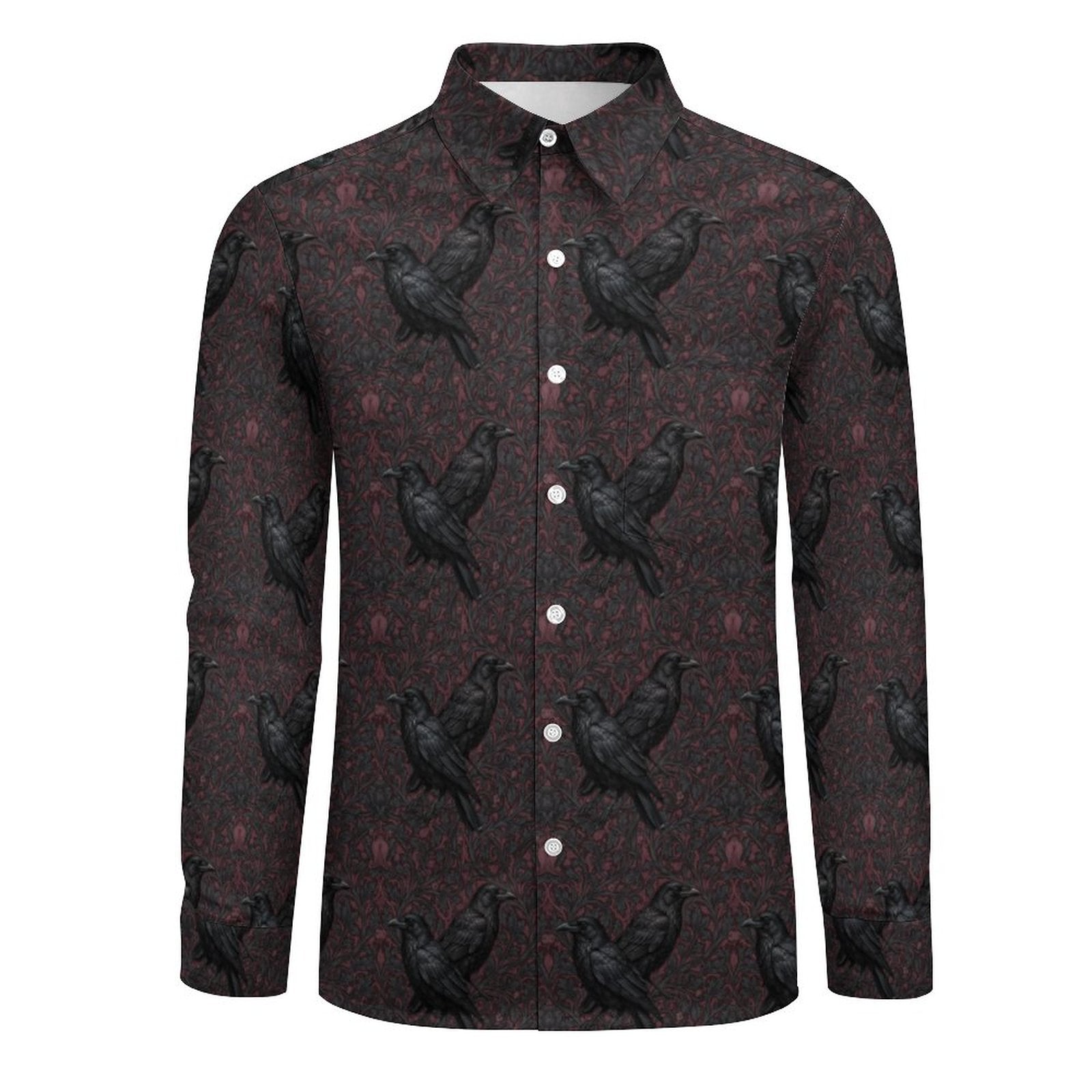 Long-sleeve shirt with black crow pattern on a white background