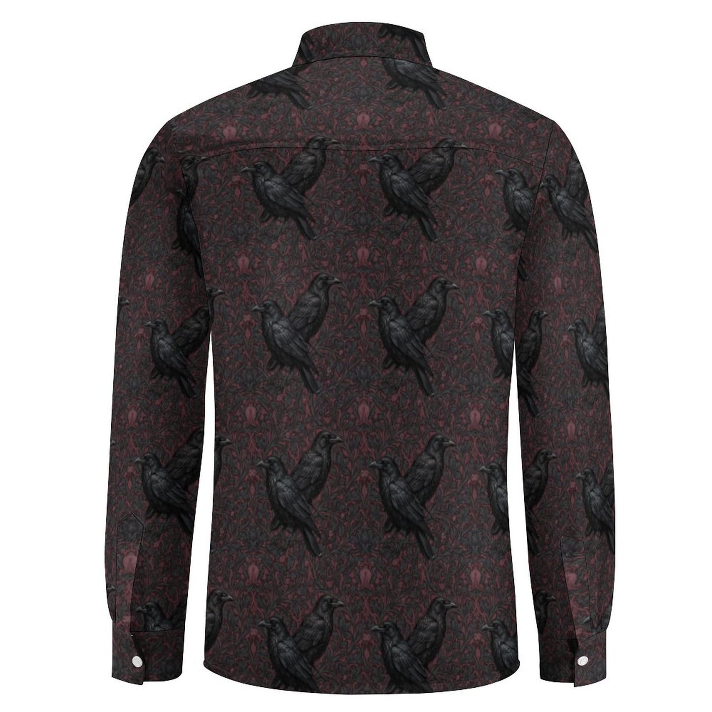 Long-sleeve shirt with black crow pattern on a white background