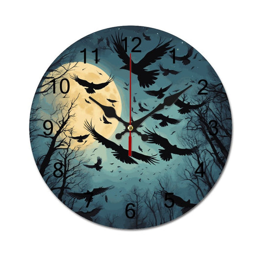 A wall clock featuring a full moon and a flock of crows in the sky, with a forest backdrop.