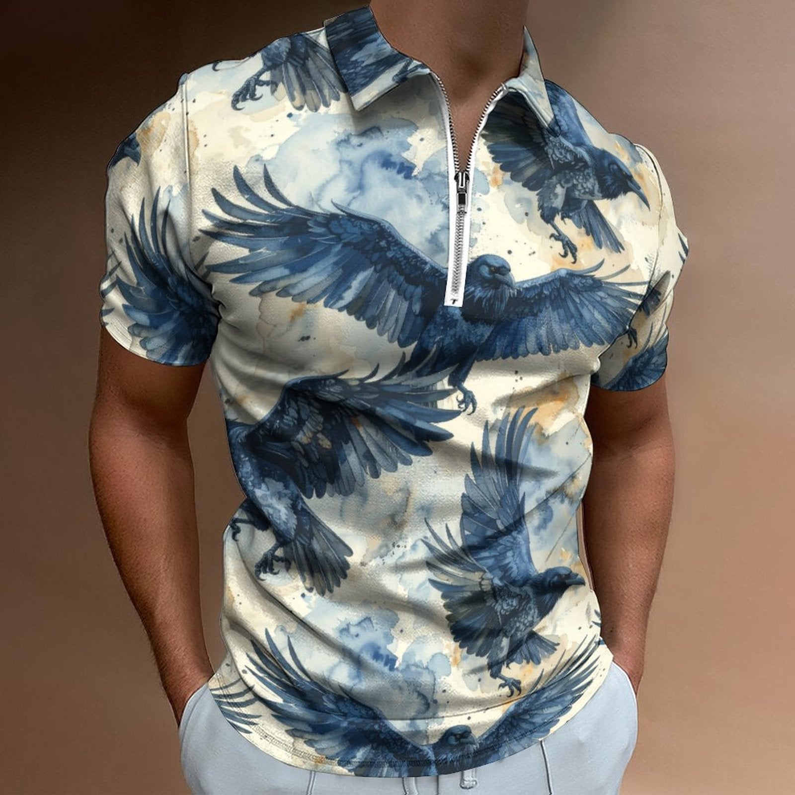 Short-sleeve shirt with blue eagle pattern on a brown background