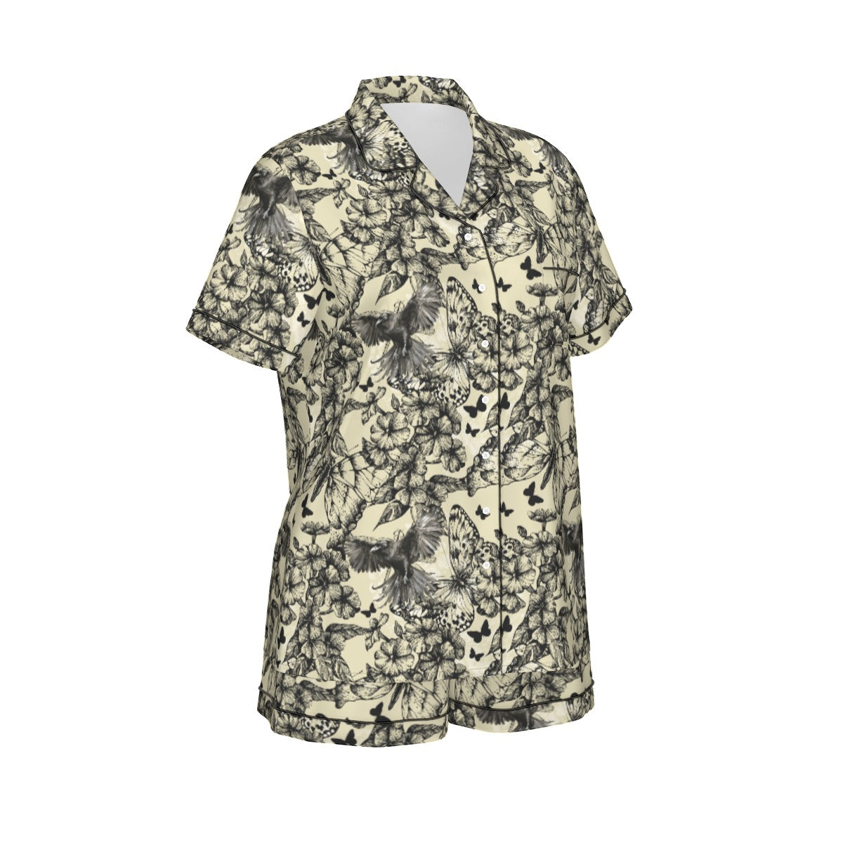 Short-sleeve shirt with black floral pattern on a white background