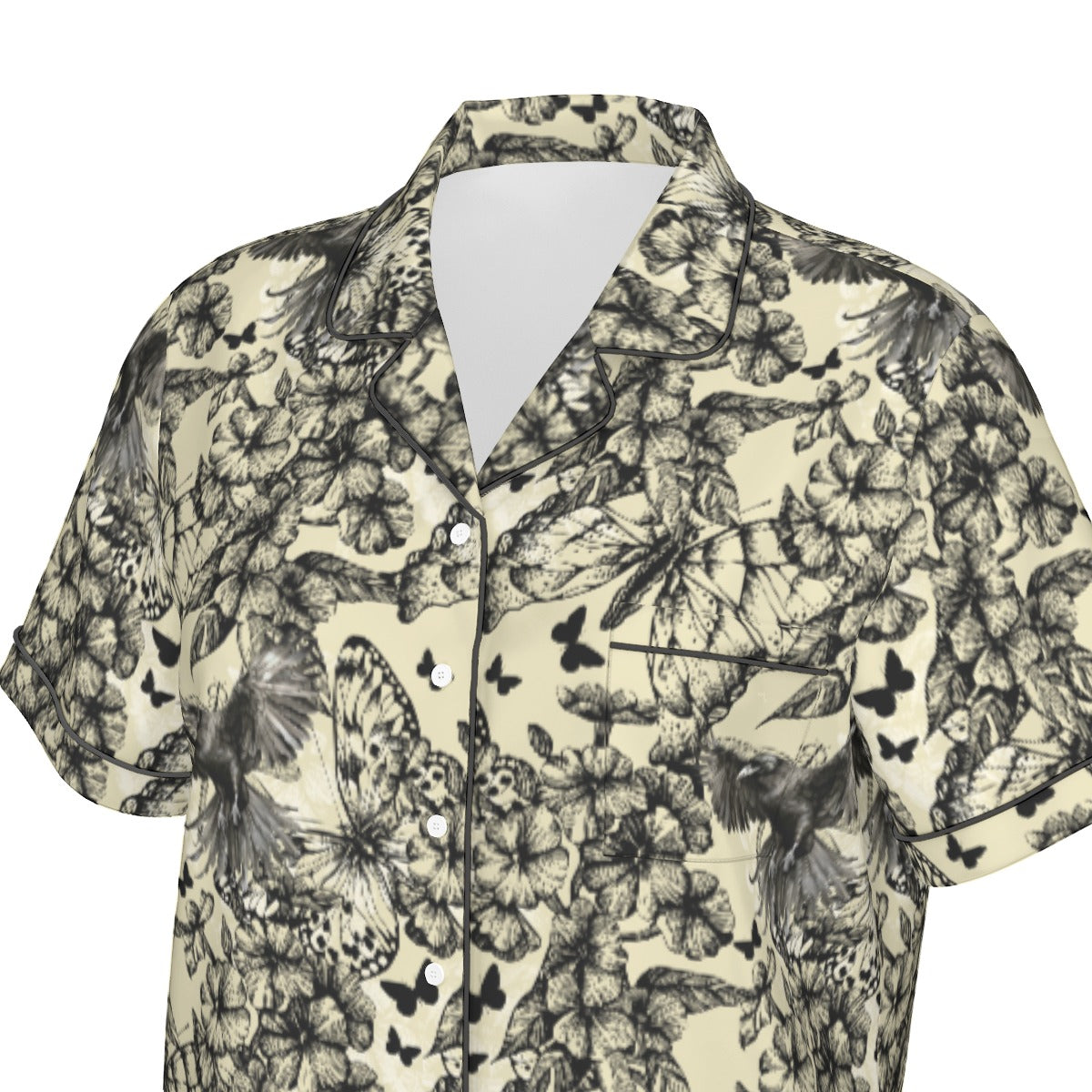 Short-sleeve shirt with butterfly and floral pattern on a white background
