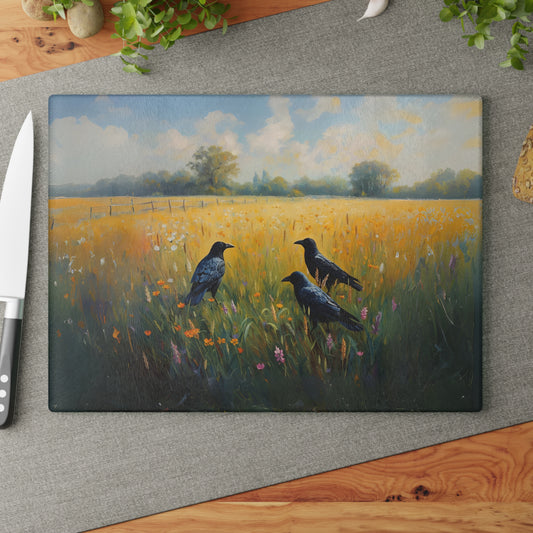 Decorative cutting board with a painting of three birds in a field on a gray surface.