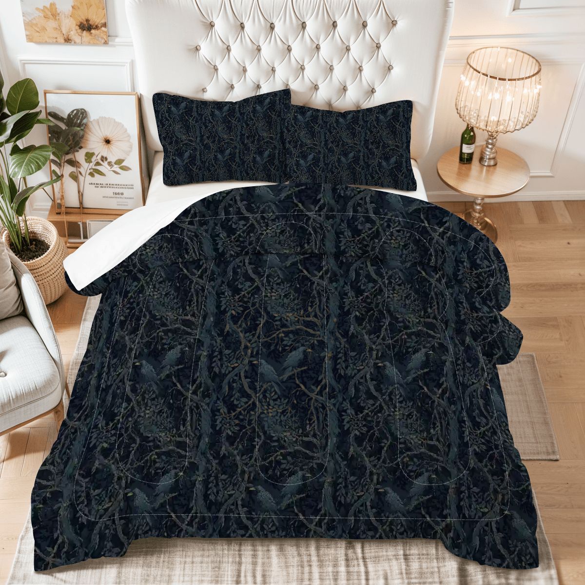 Dark blue patterned comforter on a bed in a bedroom setting with decor elements.
