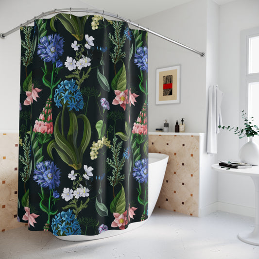 Shower curtain with floral design in a bathroom setting